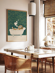 Illustrative art print of an orange and black tiger relaxing in a white bathtub filled with bubbles, smoking, against a green leaf background. - Image 3