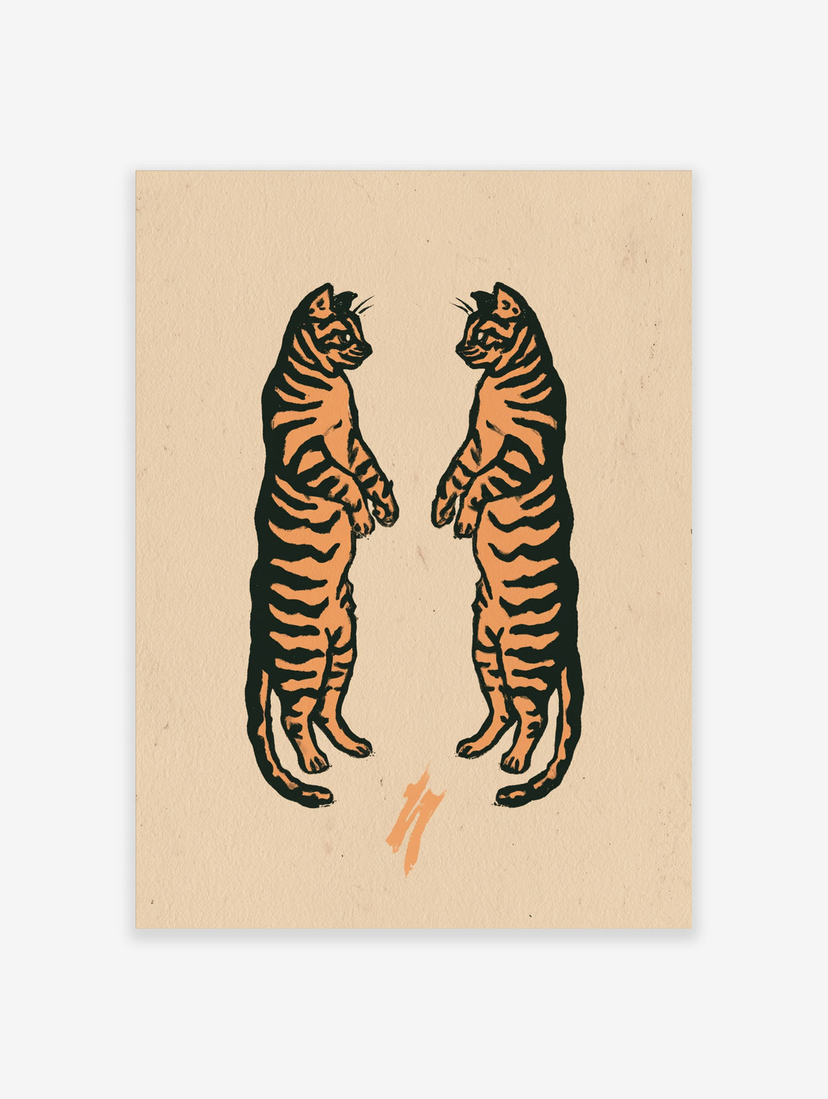 Symmetrical tiger art print with two orange and black striped cats standing upright on a beige background