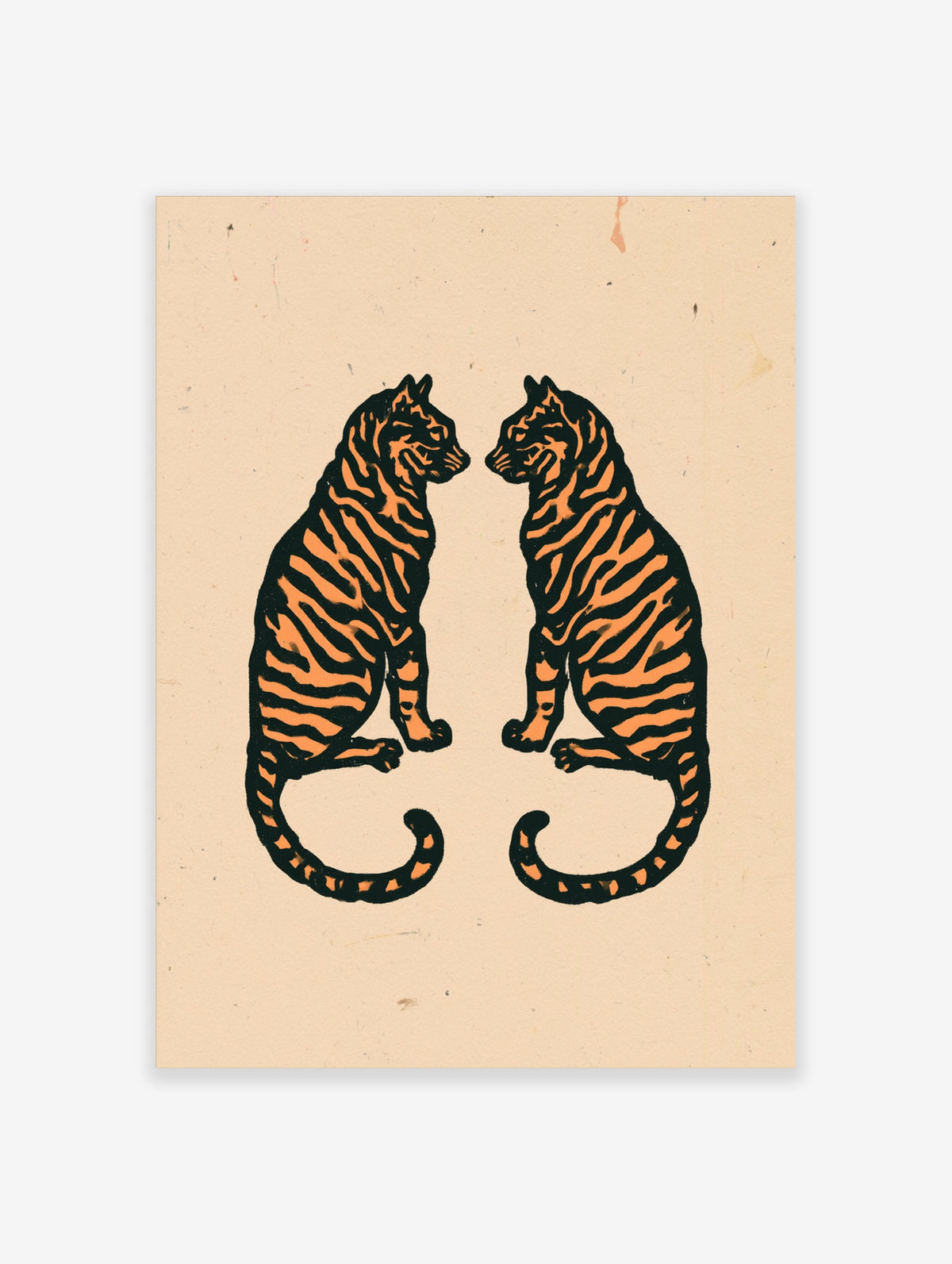 Symmetrical tiger art print with two seated orange and black tigers facing each other on a beige background