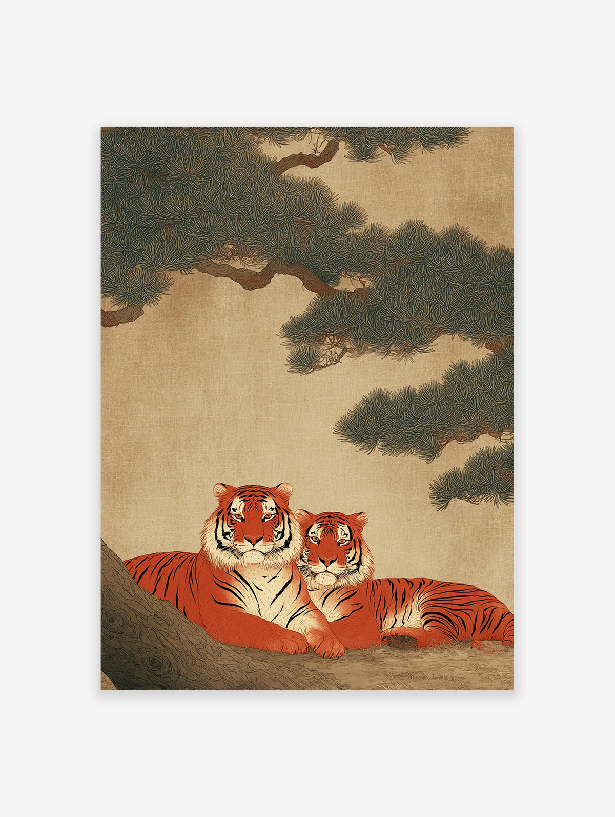 Two orange and black striped tigers resting under a dark green pine tree, depicted in a traditional Asian art style. Tiger wall art.
