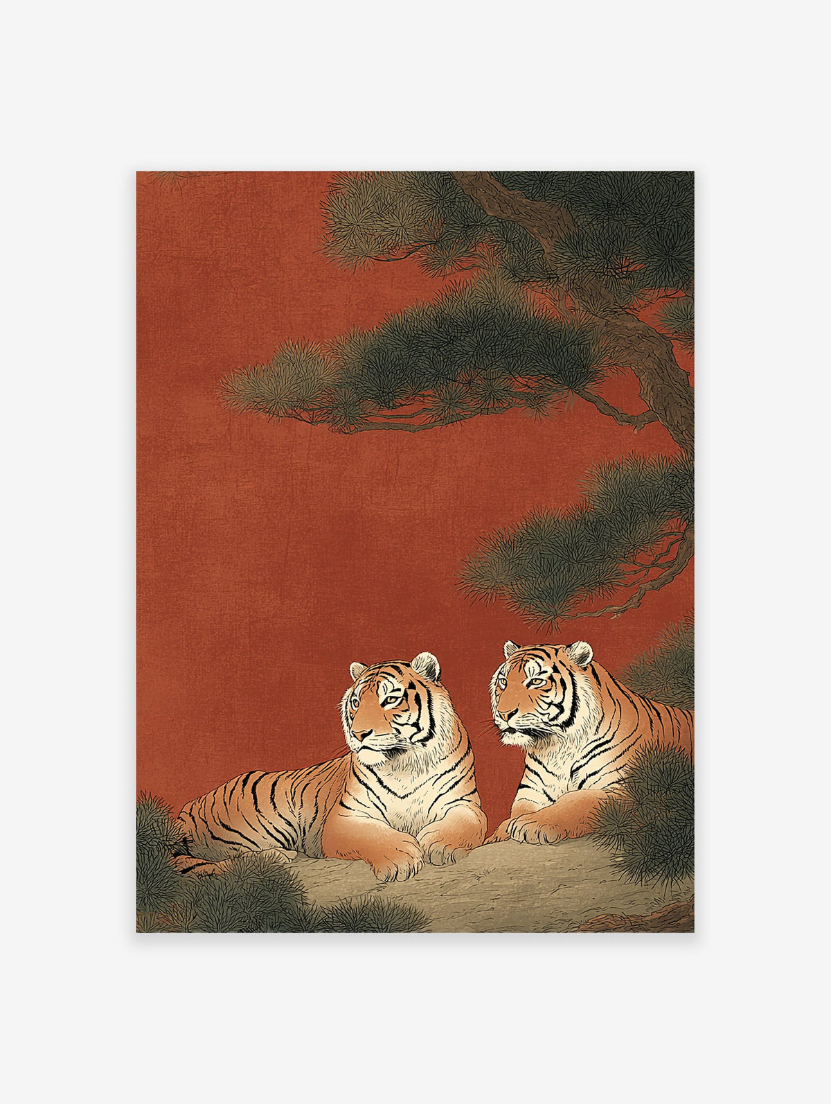 Two majestic tigers resting under a green pine tree against a reddish-brown background in a traditional Japanese tiger wall art print.