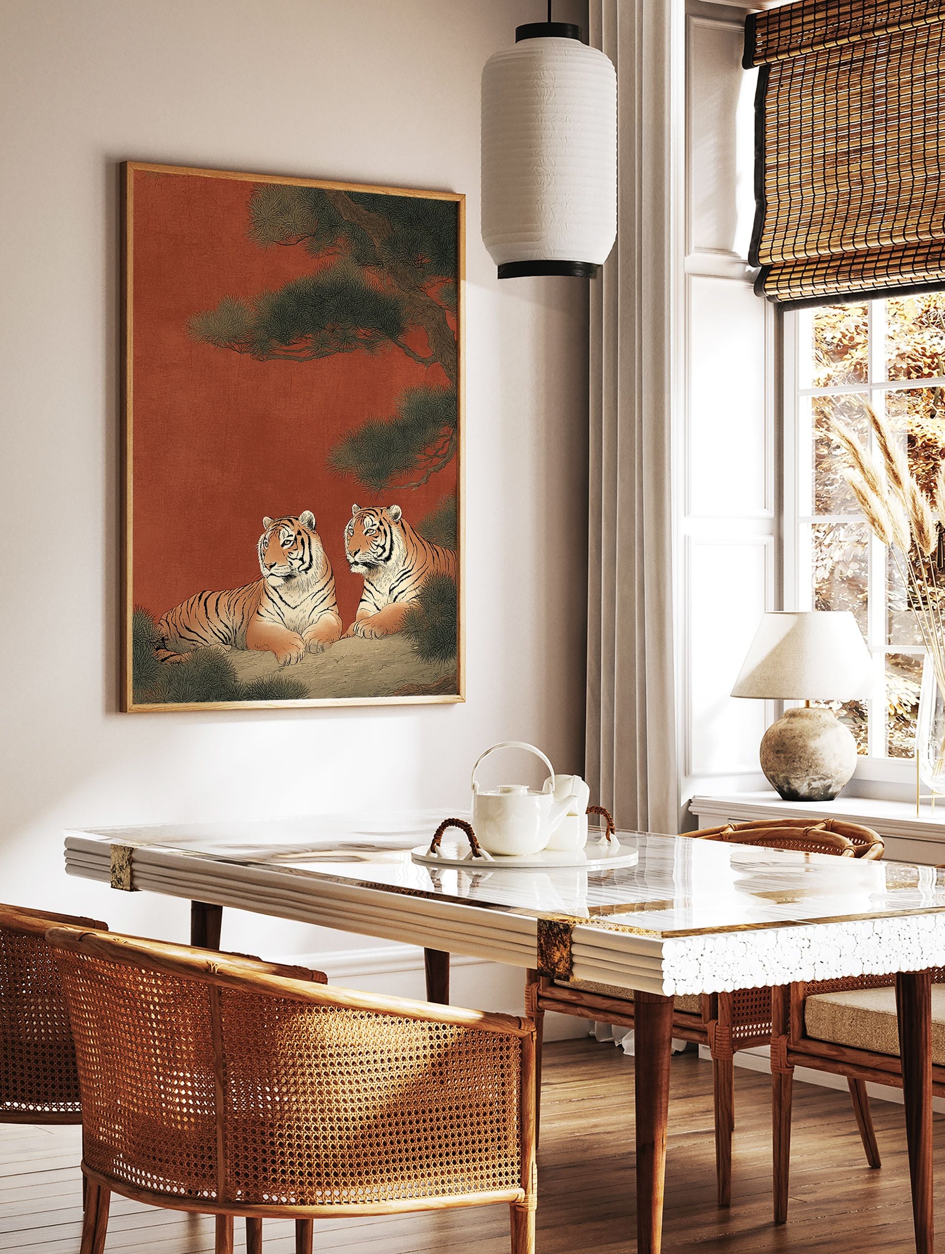 Two majestic tigers resting under a green pine tree against a reddish-brown background in a traditional Japanese tiger wall art print. - Image 2