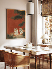 Two majestic tigers resting under a green pine tree against a reddish-brown background in a traditional Japanese tiger wall art print. - Image 2