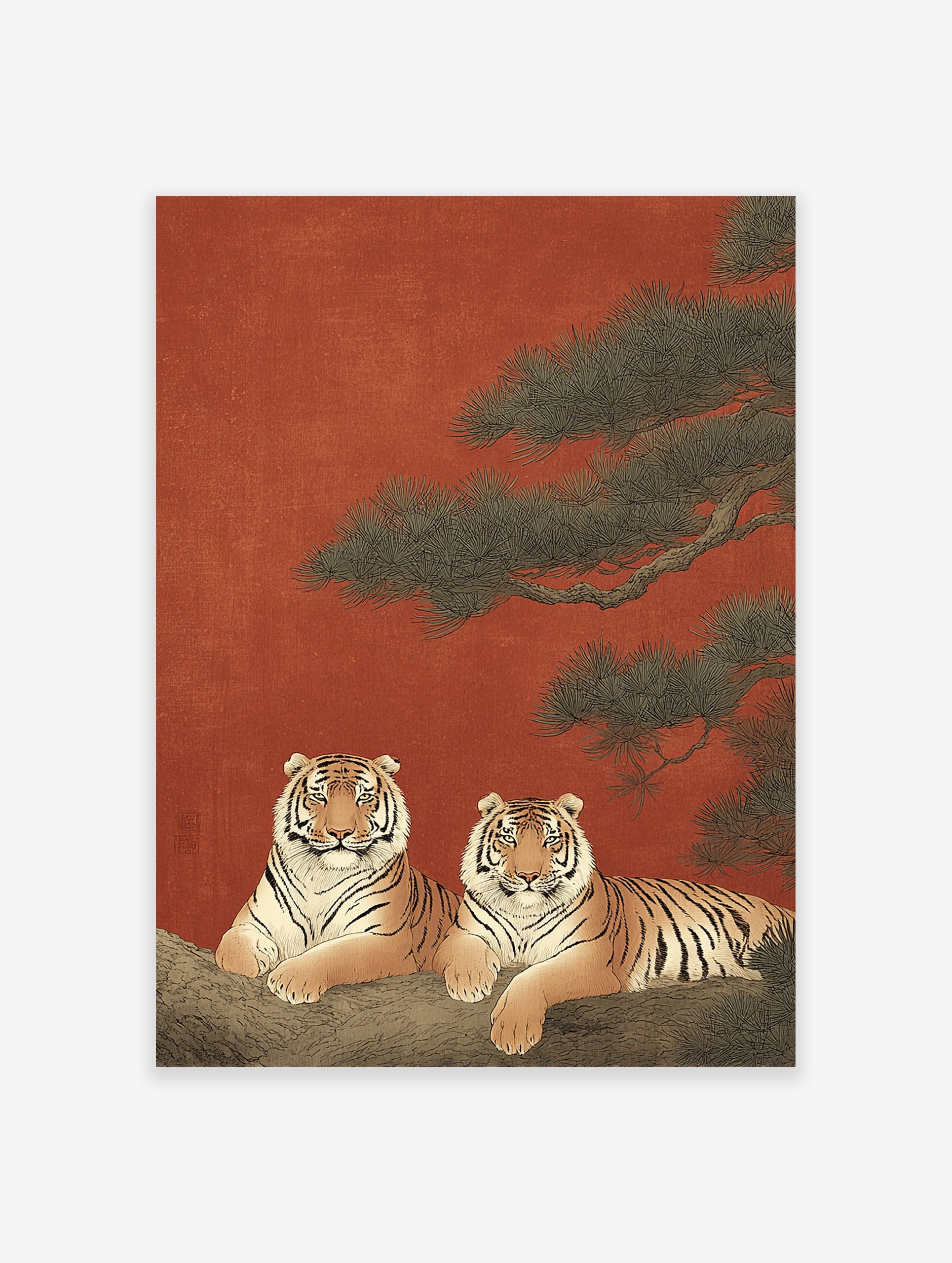 Traditional Asian Tiger Wall Art print with two striped tigers on a tree branch against a red background and pine needles