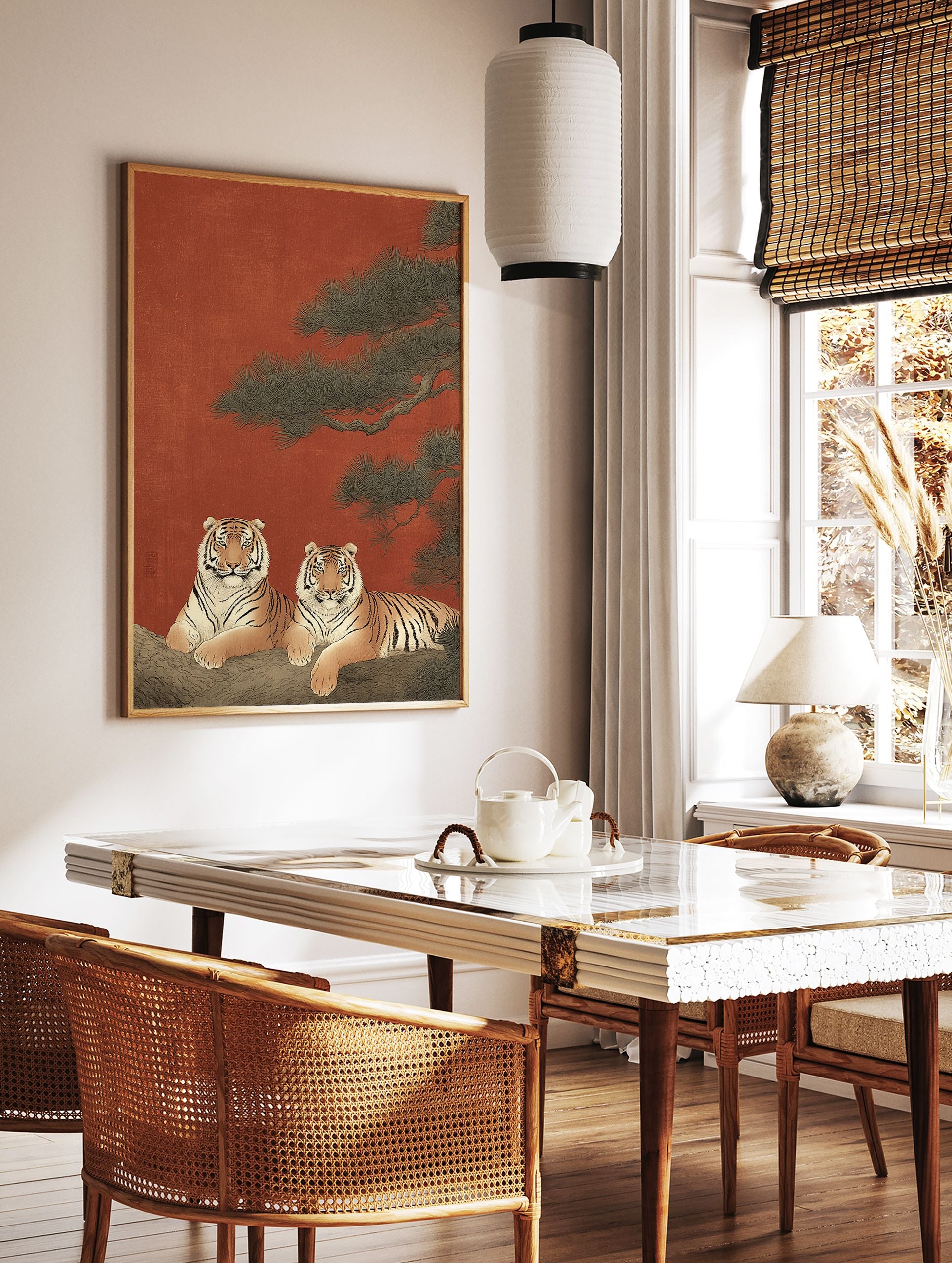 Traditional Asian Tiger Wall Art print with two striped tigers on a tree branch against a red background and pine needles - Image 2