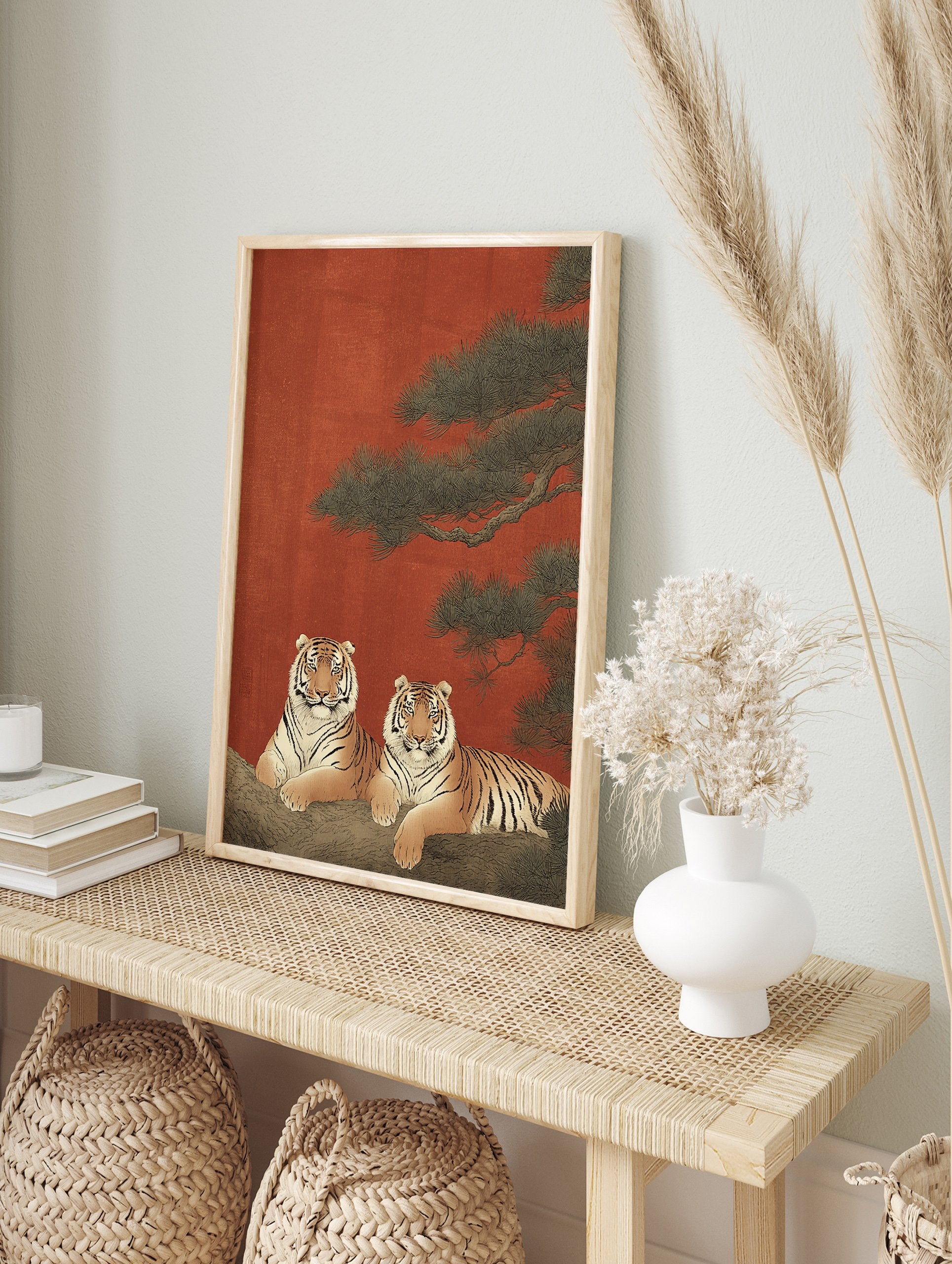 Traditional Asian Tiger Wall Art print with two striped tigers on a tree branch against a red background and pine needles - Image 3