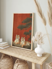 Traditional Asian Tiger Wall Art print with two striped tigers on a tree branch against a red background and pine needles - Image 3