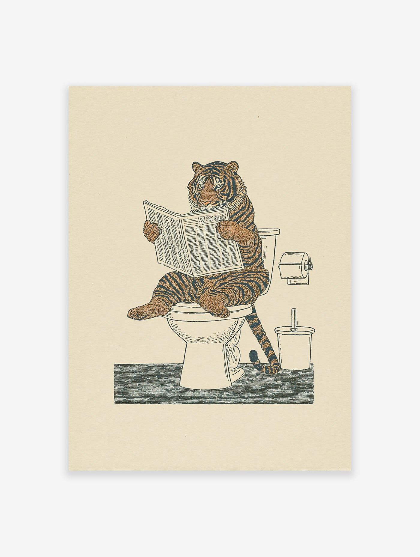 Whimsical tiger wall art print showing a tiger sitting on a toilet reading a newspaper, in an illustrative style.