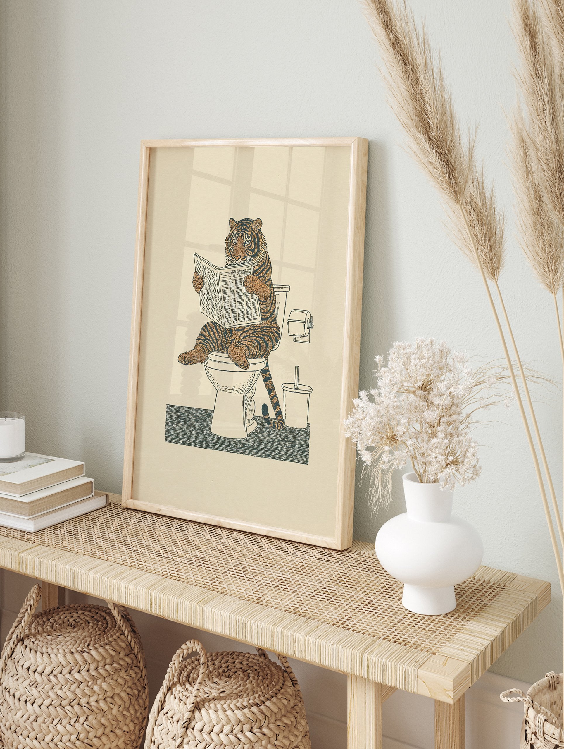 Whimsical tiger wall art print showing a tiger sitting on a toilet reading a newspaper, in an illustrative style. - Image 3