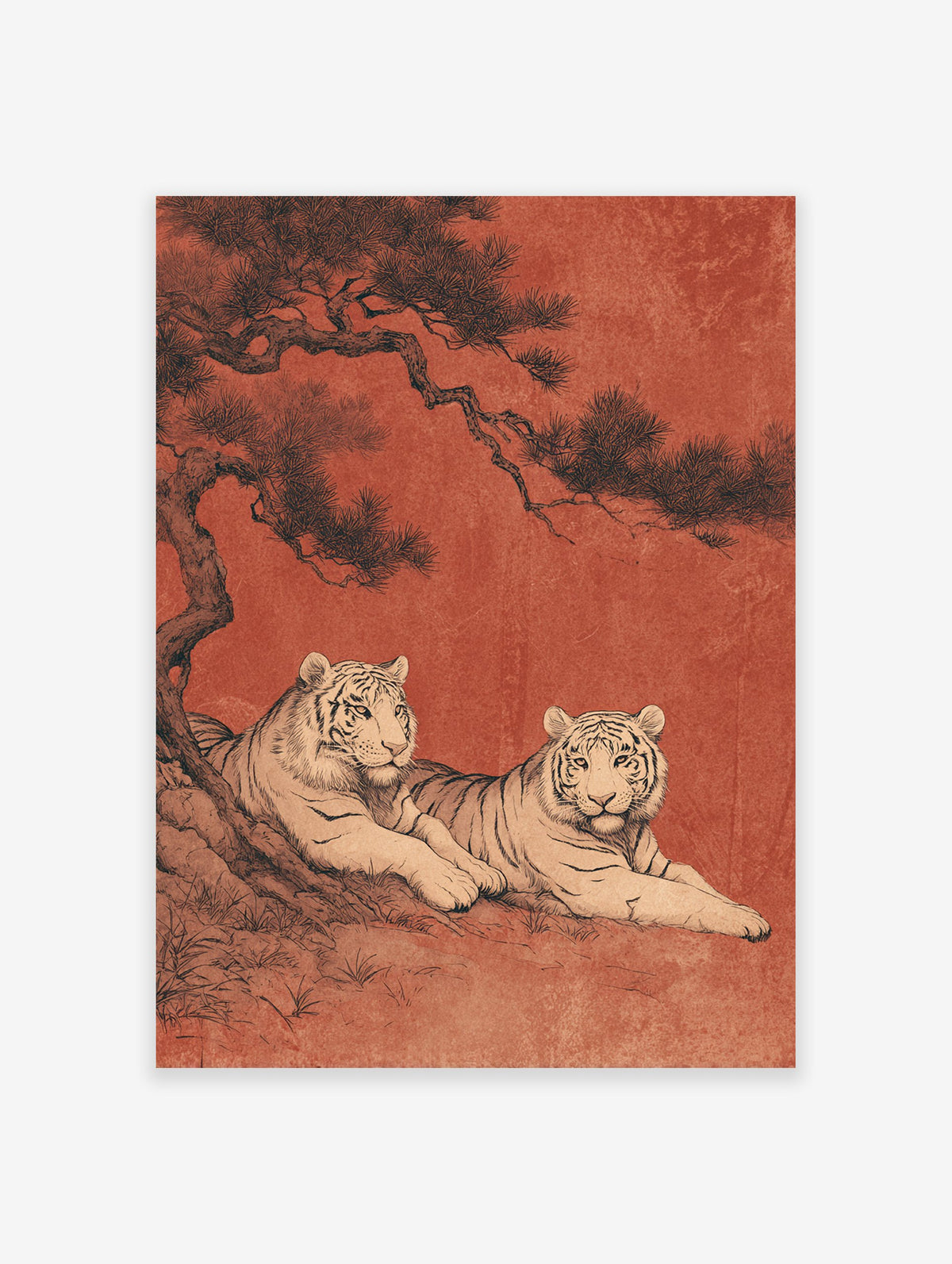 Illustration of two white tigers resting under a large pine tree on a textured reddish-orange background in a traditional Asian art style.
