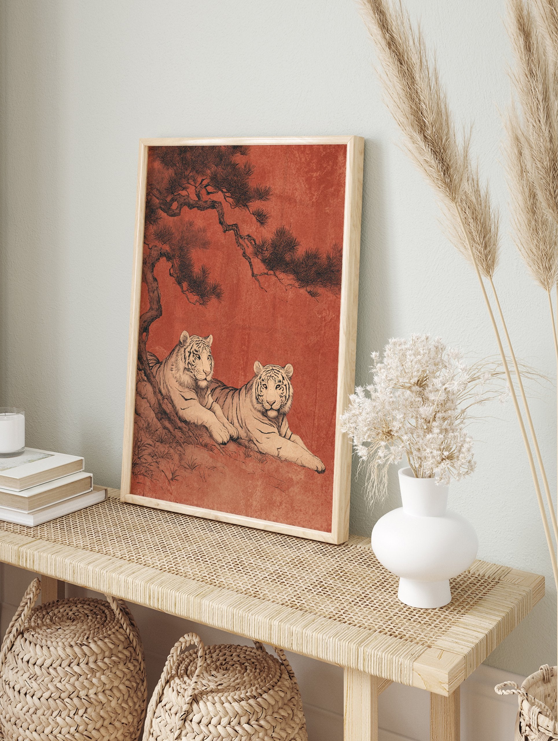 Illustration of two white tigers resting under a large pine tree on a textured reddish-orange background in a traditional Asian art style. - Image 3