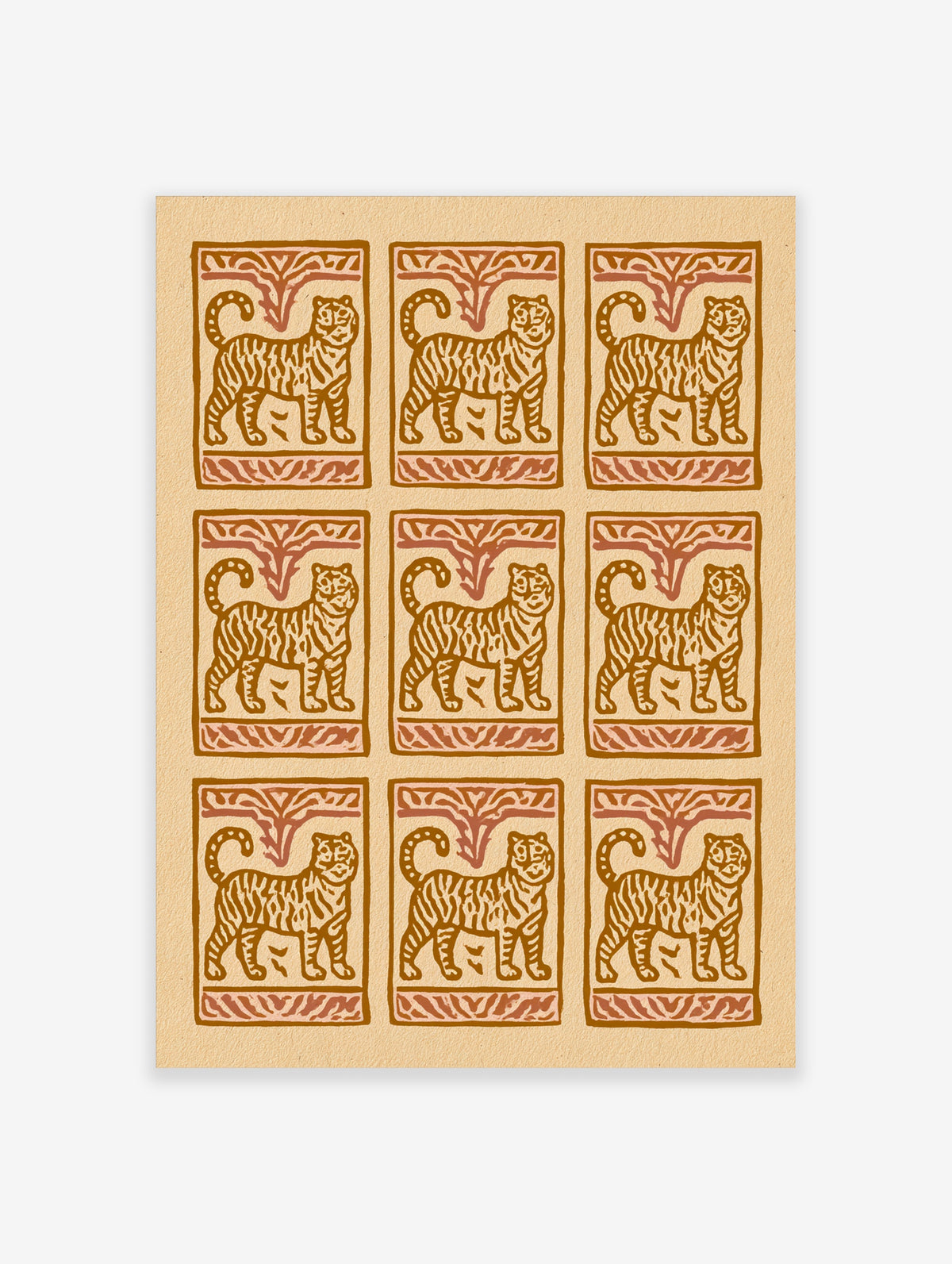 Tiger wall art poster with stylized tiger in earthy brown and cream, ornate border, repeated motif