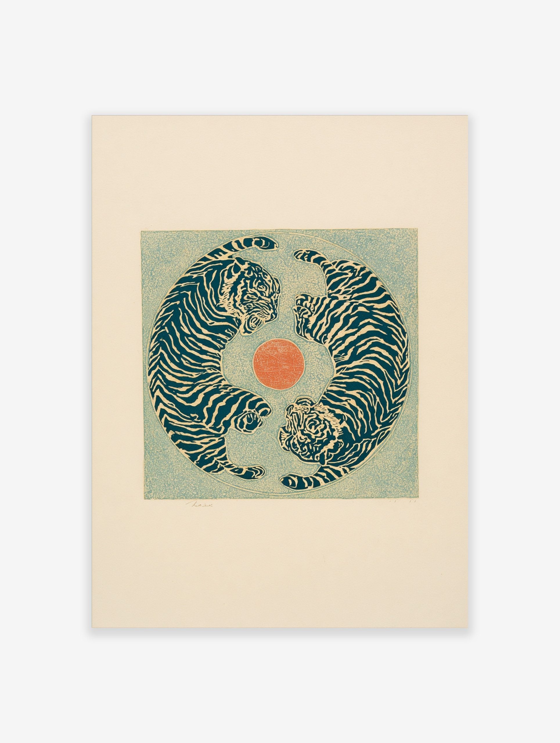 Illustrative print with two blue tigers in a circular yin-yang composition around an orange circle