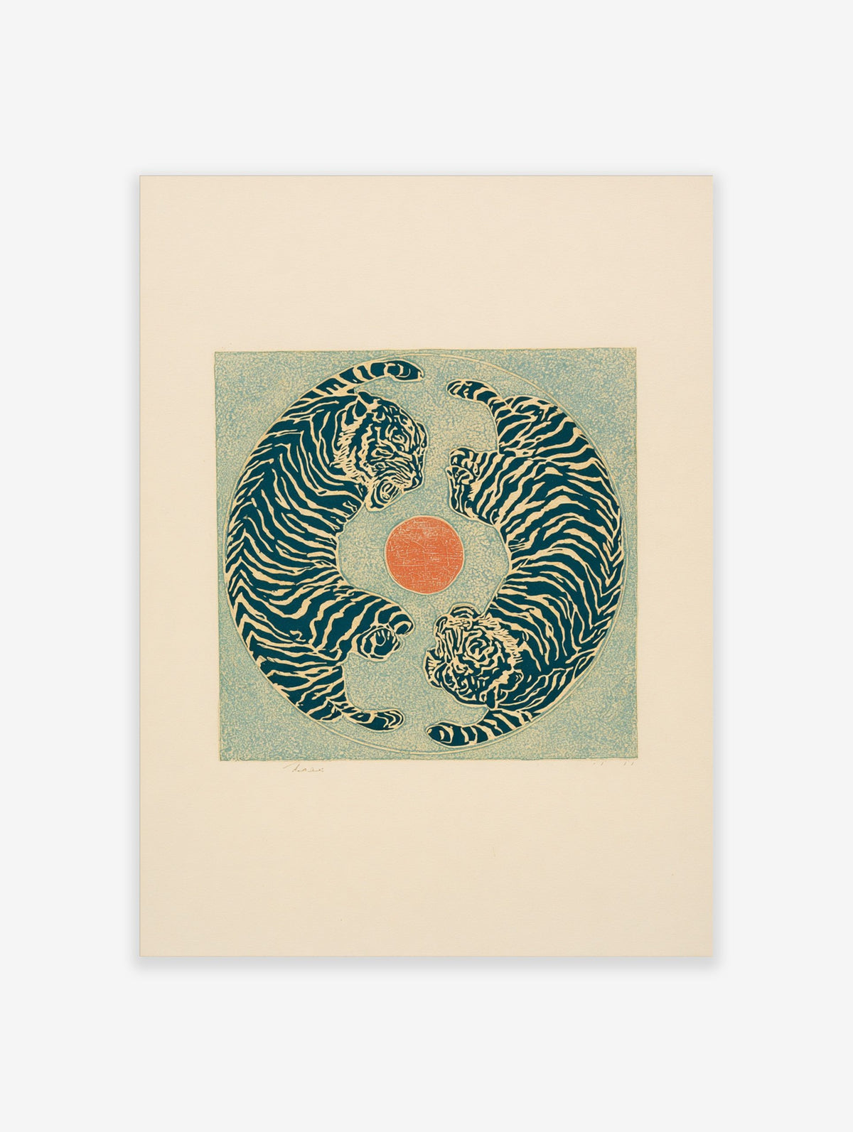 Illustrative print with two blue tigers in a circular yin-yang composition around an orange circle
