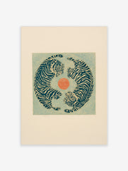 Illustrative print with two blue tigers in a circular yin-yang composition around an orange circle