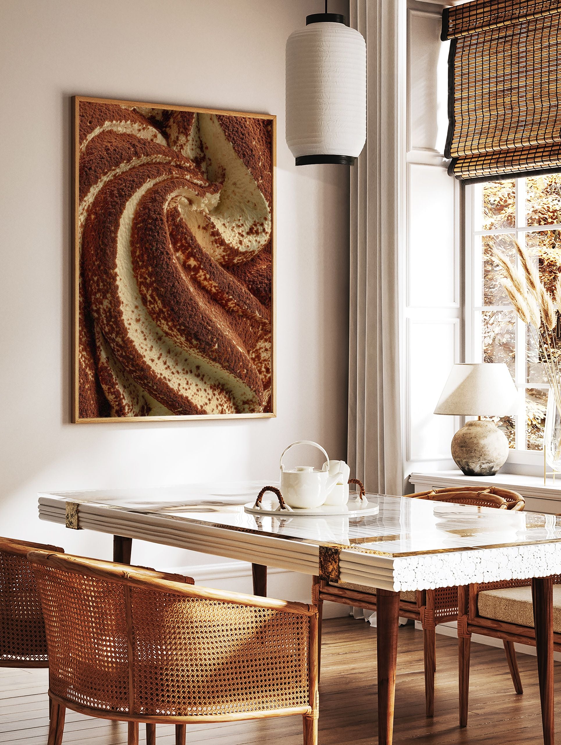 Close-up of tiramisu dessert with creamy swirls and generous cocoa powder dusting. Tiramisu wall art print. - Image 2