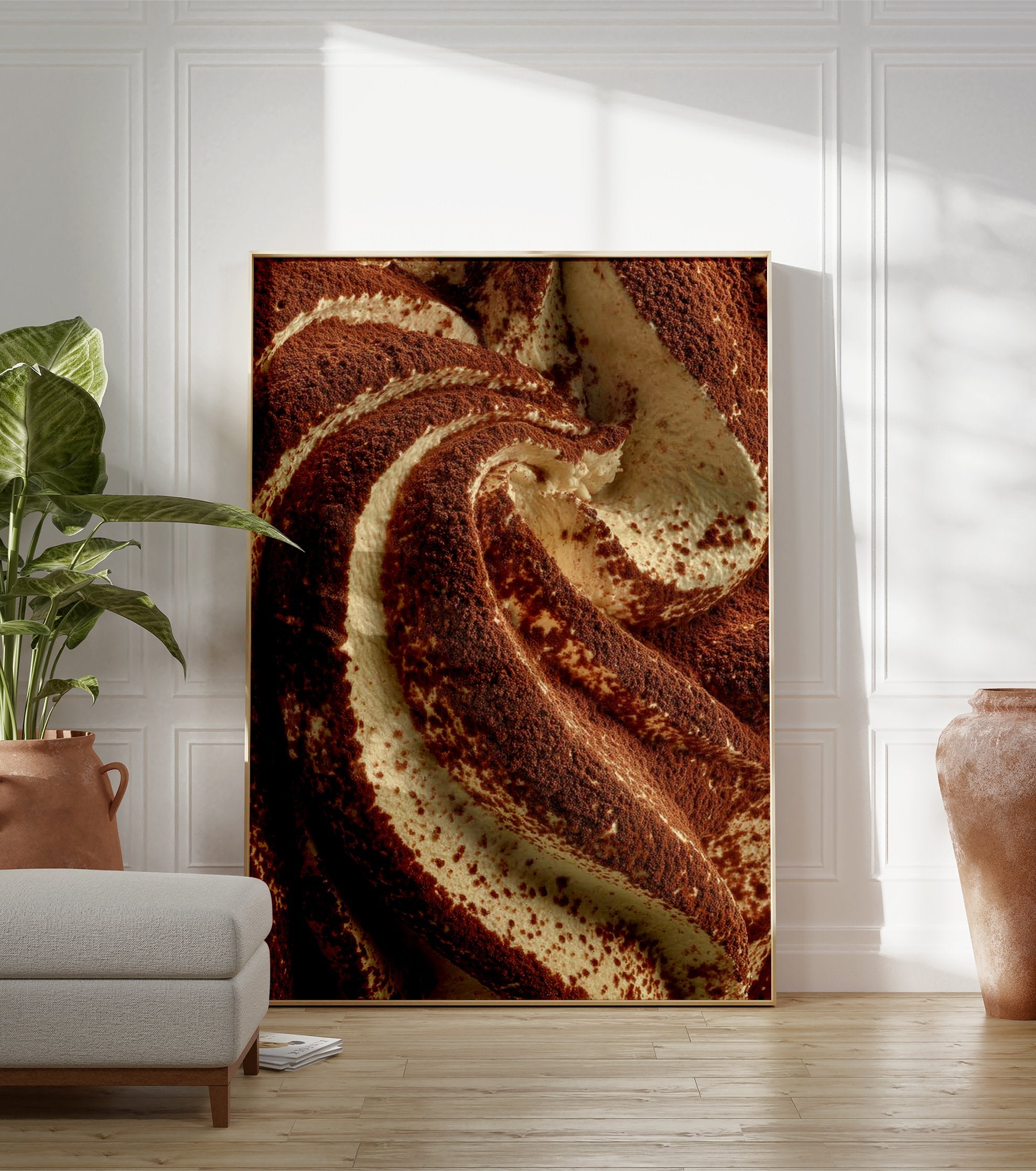 Close-up of tiramisu dessert with creamy swirls and generous cocoa powder dusting. Tiramisu wall art print. - Image 3