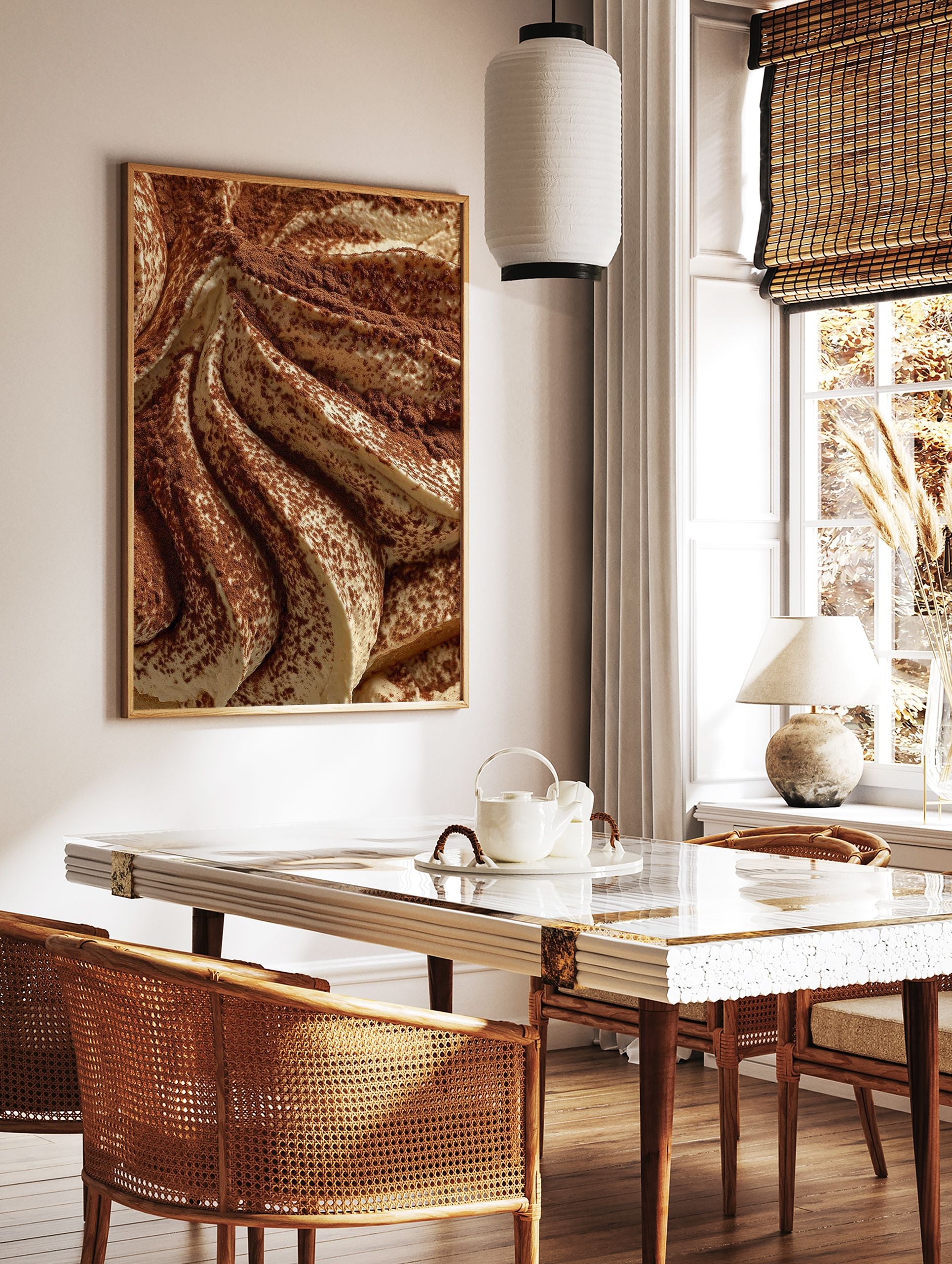 Close-up of tiramisu dessert with creamy swirls and cocoa powder dusting, a rich food photography print. - Image 2