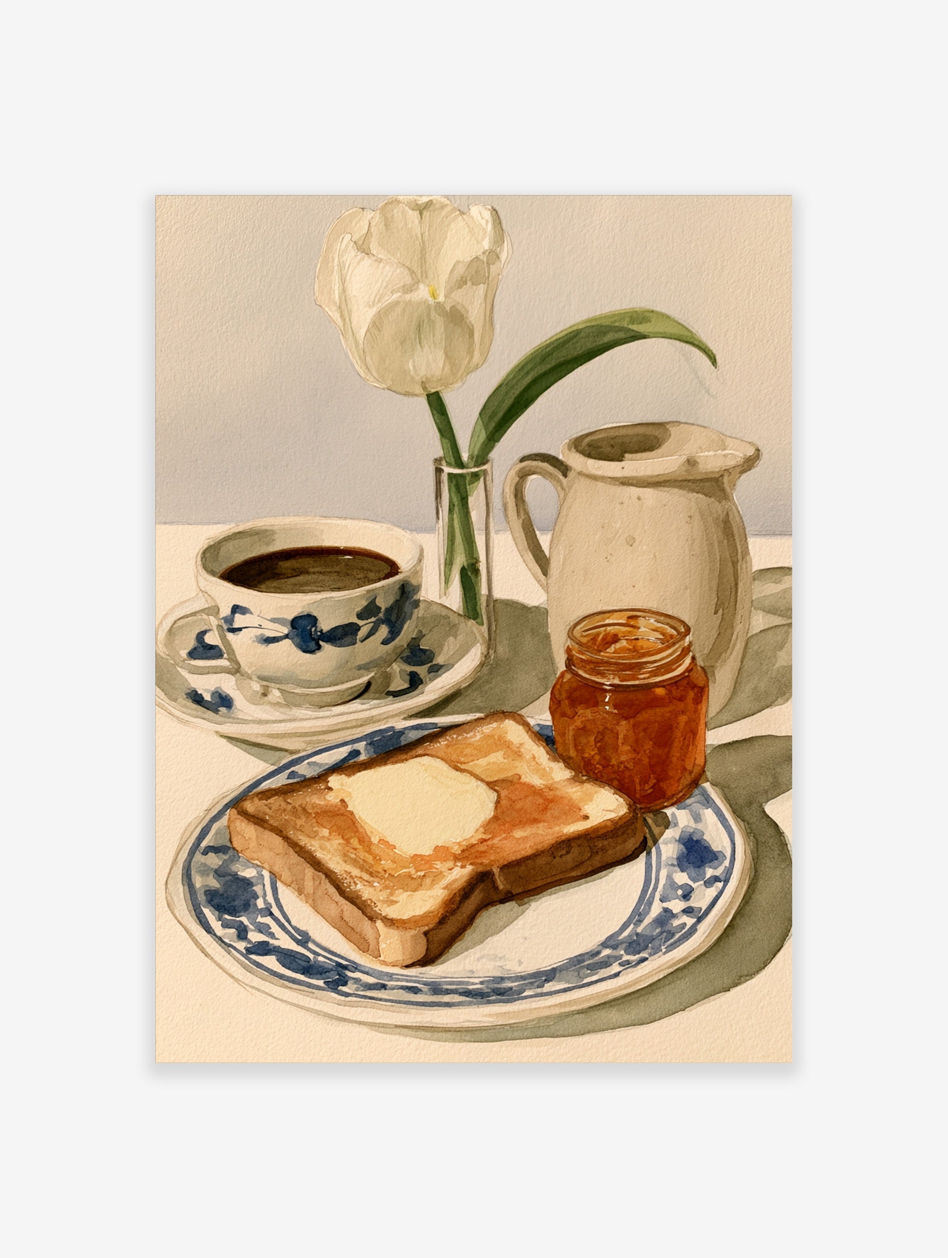 Watercolor illustration of breakfast with toast, marmalade, coffee, and a white tulip on a blue and white plate