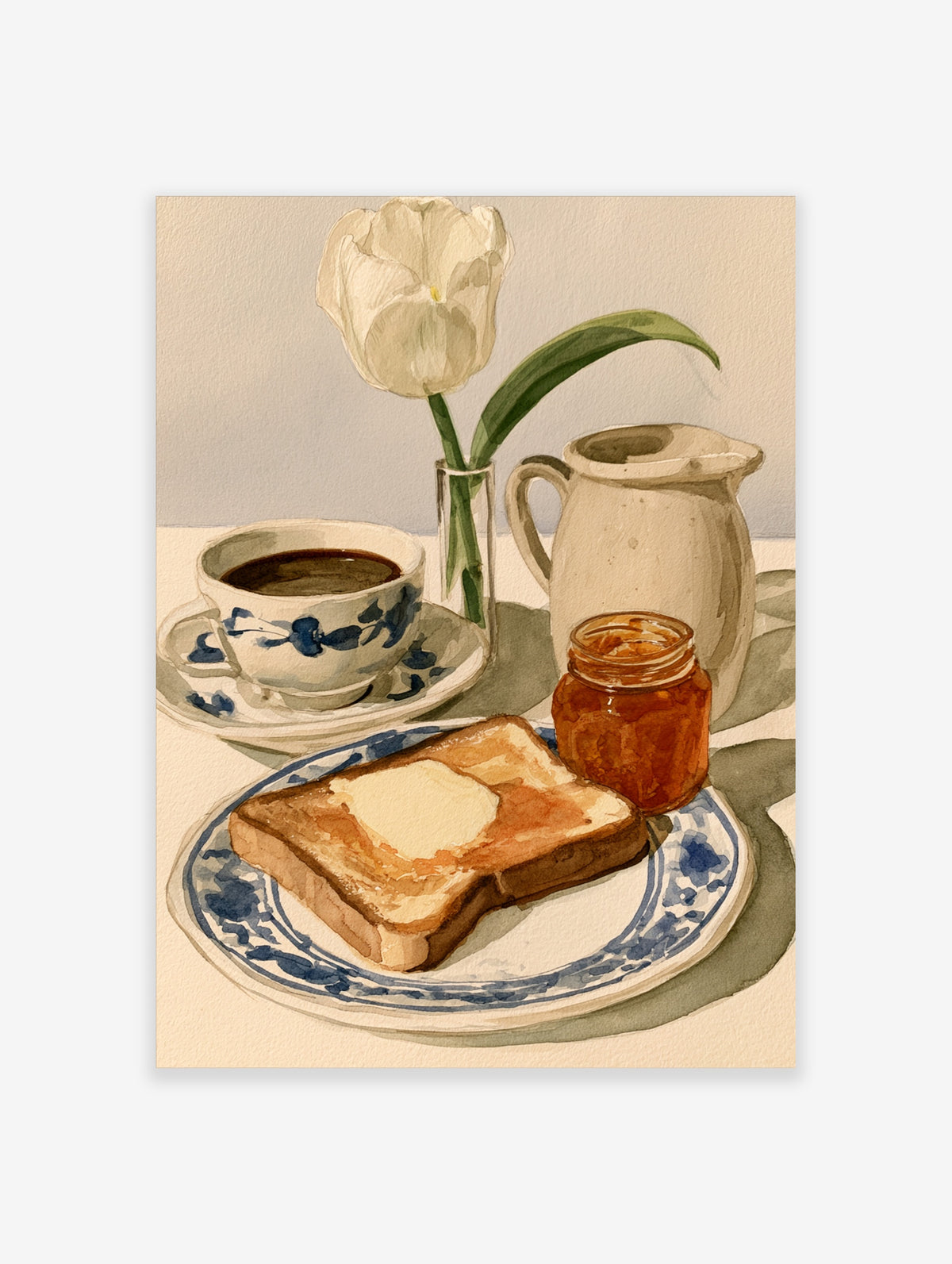 Watercolor illustration of breakfast with toast, marmalade, coffee, and a white tulip on a blue and white plate
