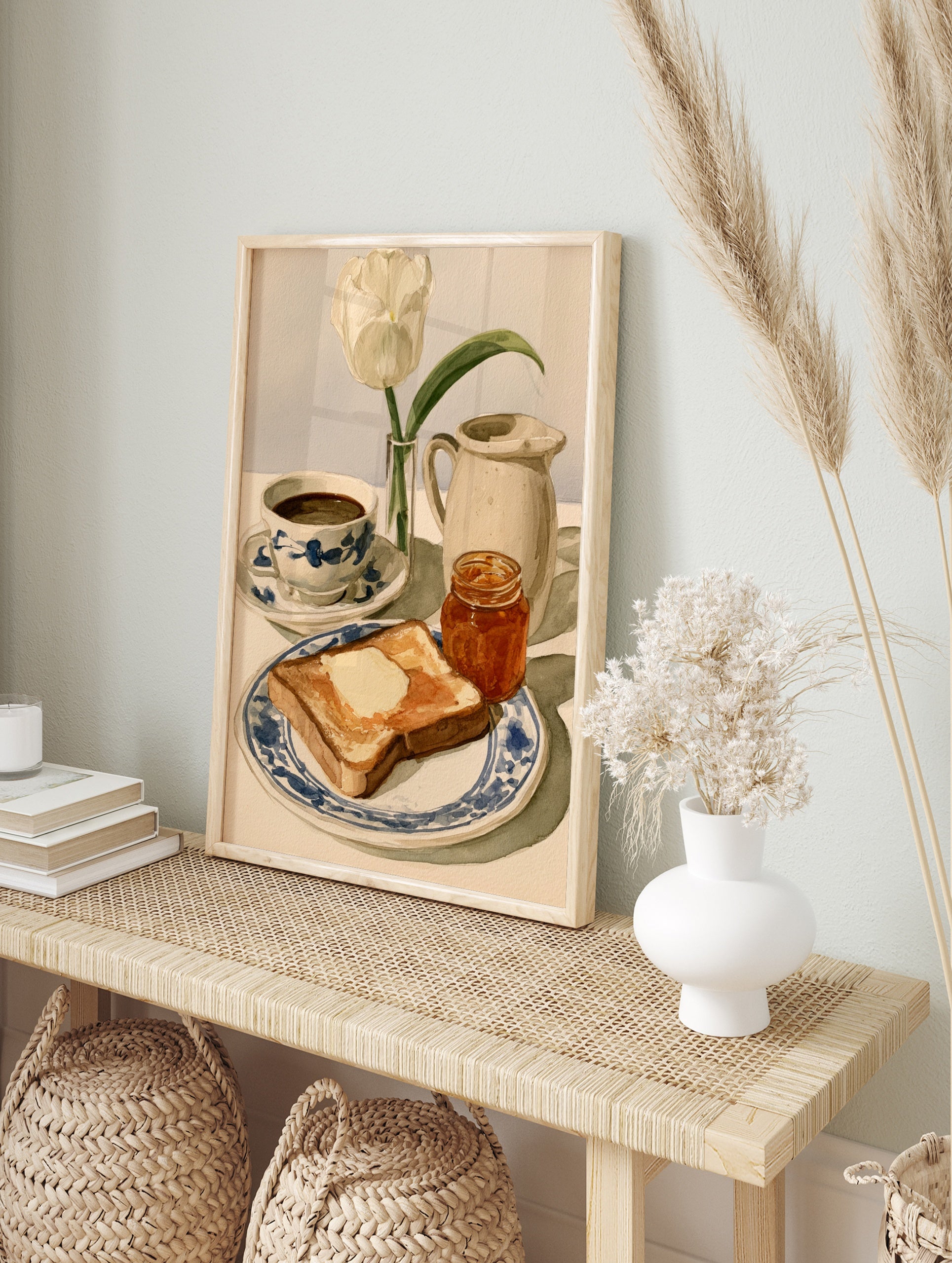 Watercolor illustration of breakfast with toast, marmalade, coffee, and a white tulip on a, in an alternate framed mockup