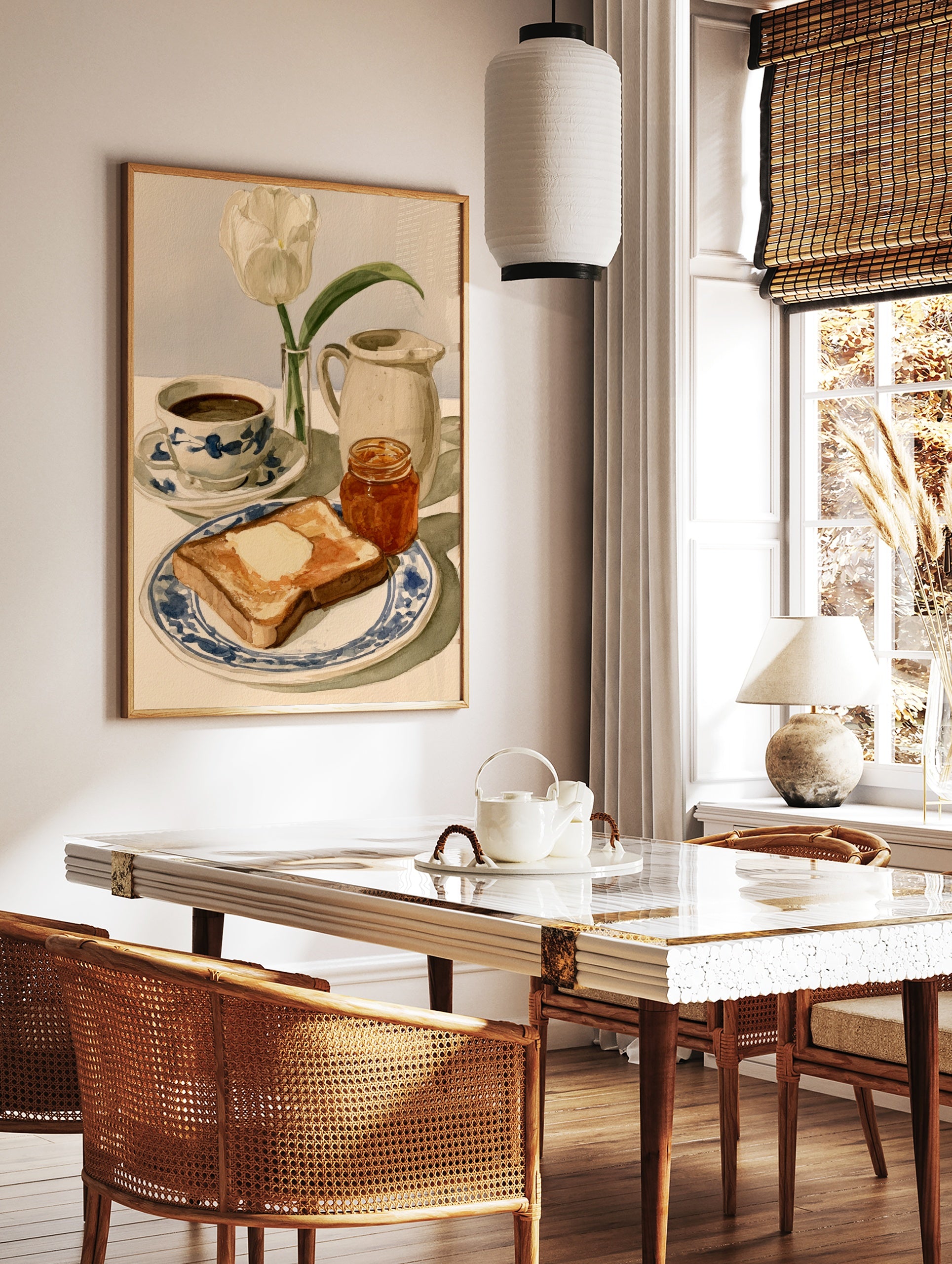 Watercolor illustration of breakfast with toast, marmalade, coffee, and a white tulip on a blue and, in a styled room mockup