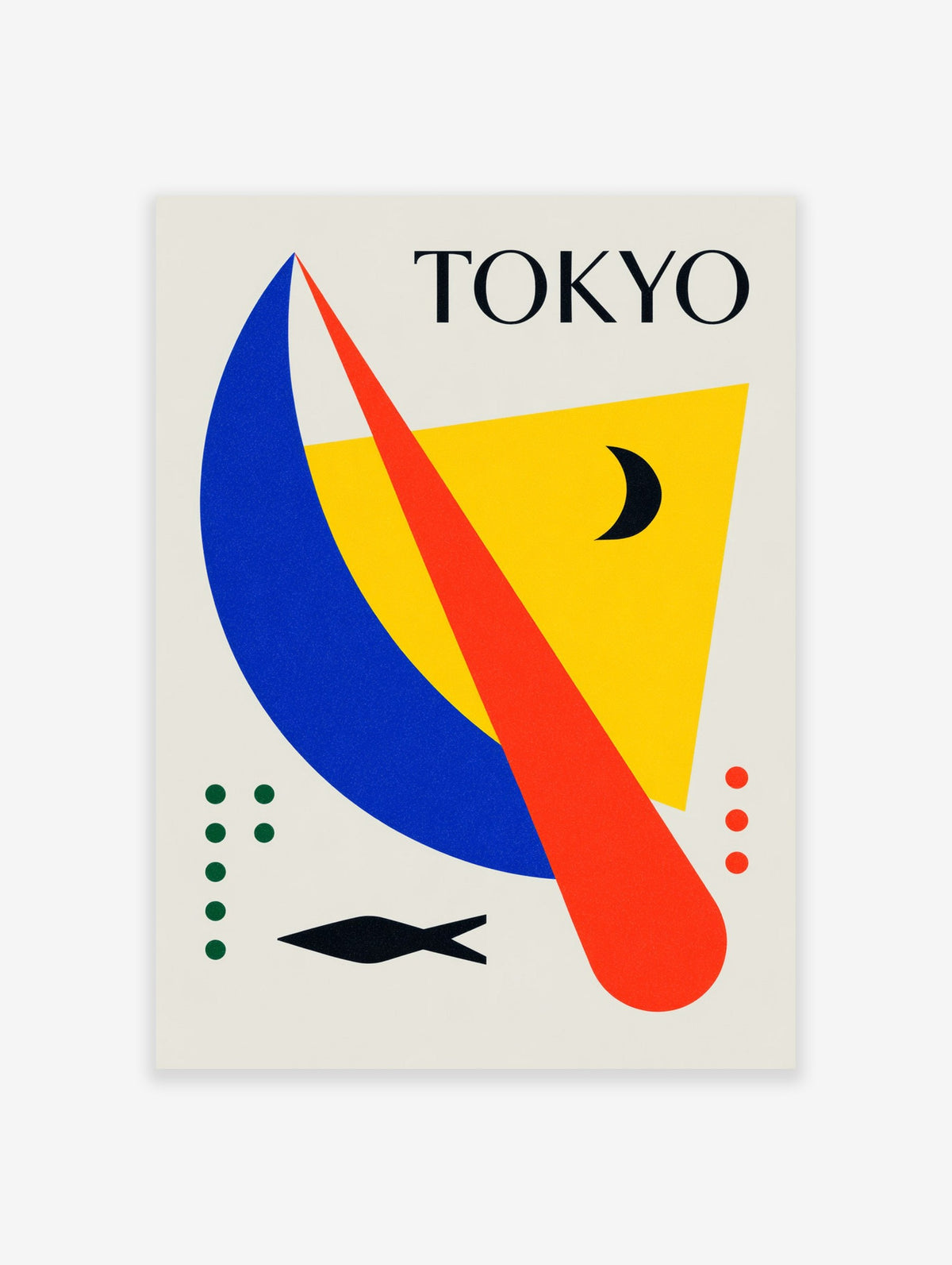 Modern Tokyo abstract poster with geometric blue, red, and yellow shapes, a black crescent moon, and a fish icon