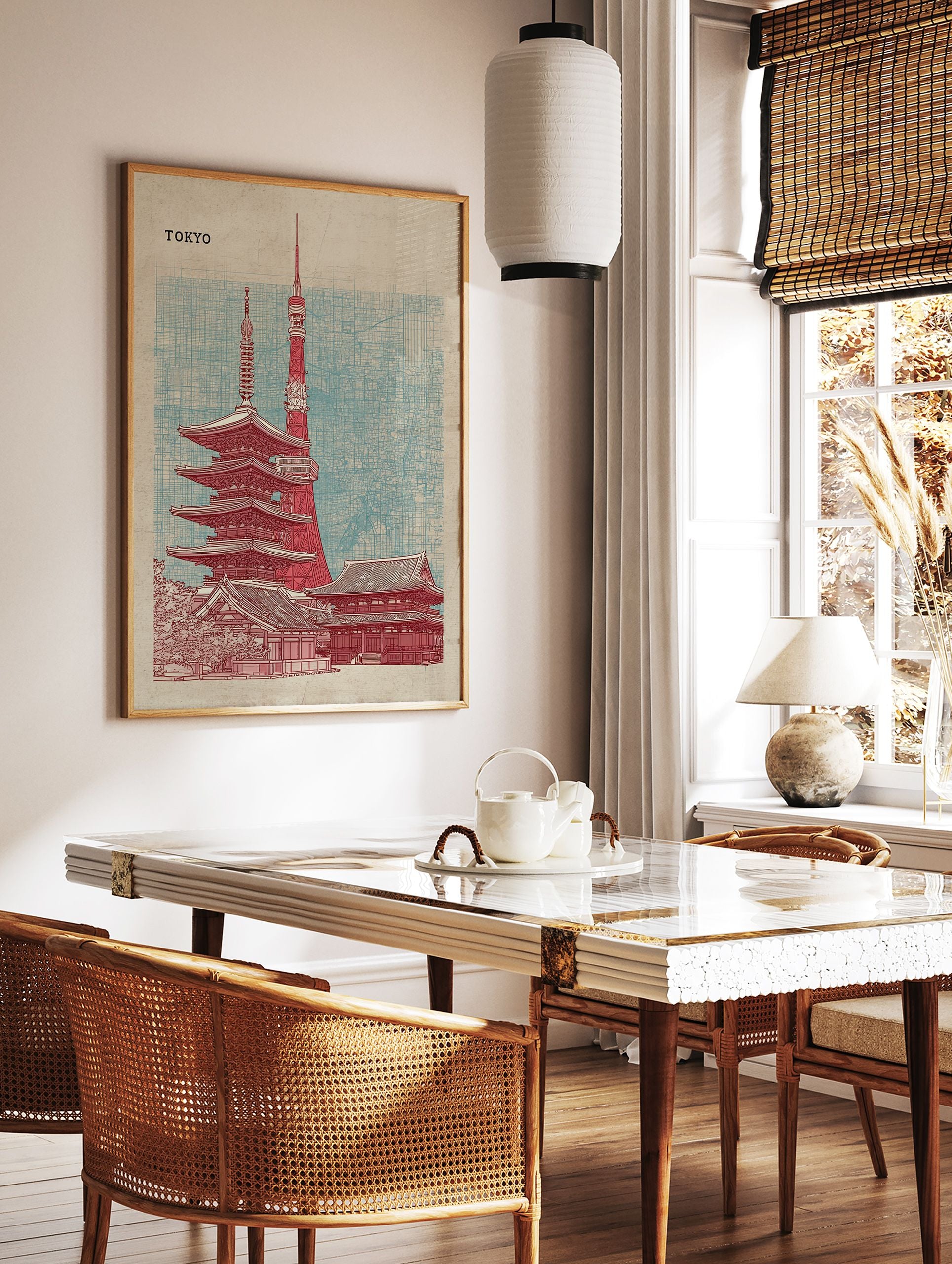 Tokyo city poster featuring a red illustration of Tokyo Tower and a traditional pagoda against a blue map grid background. - Image 2