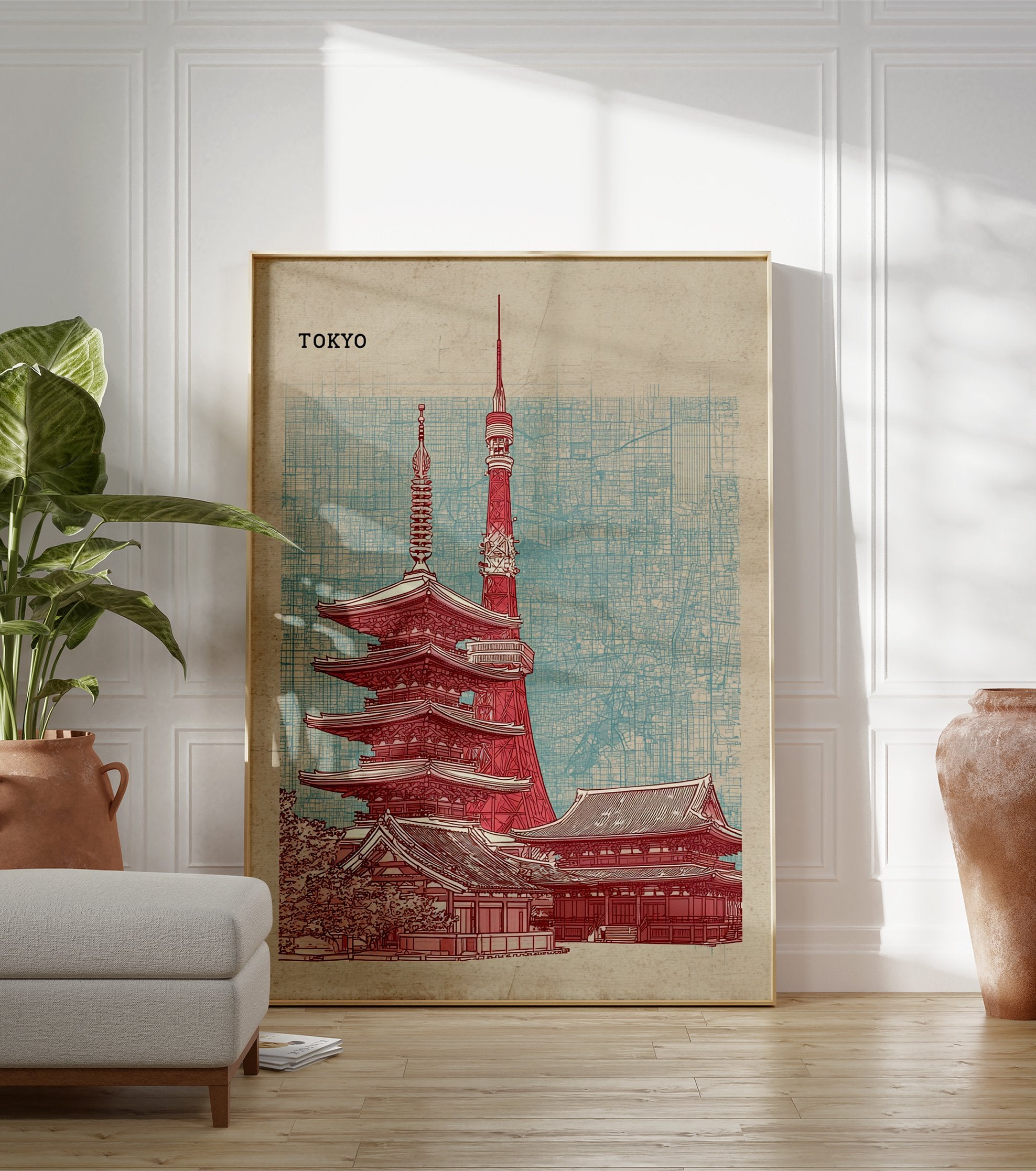 Tokyo city poster featuring a red illustration of Tokyo Tower and a traditional pagoda against a blue map grid background. - Image 3