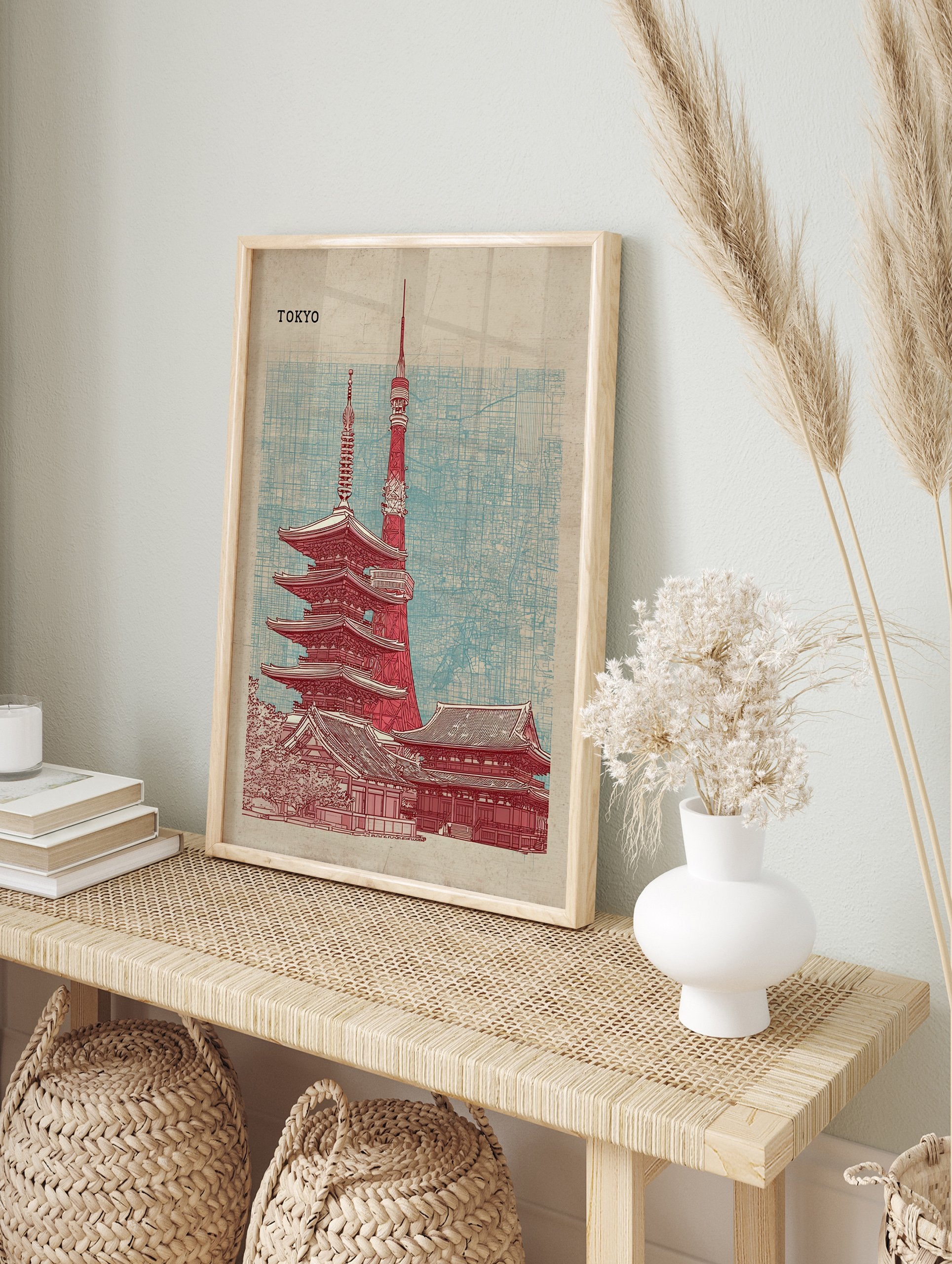 Tokyo city poster featuring a red illustration of Tokyo Tower and a traditional pagoda against a blue map grid background. - Image 4