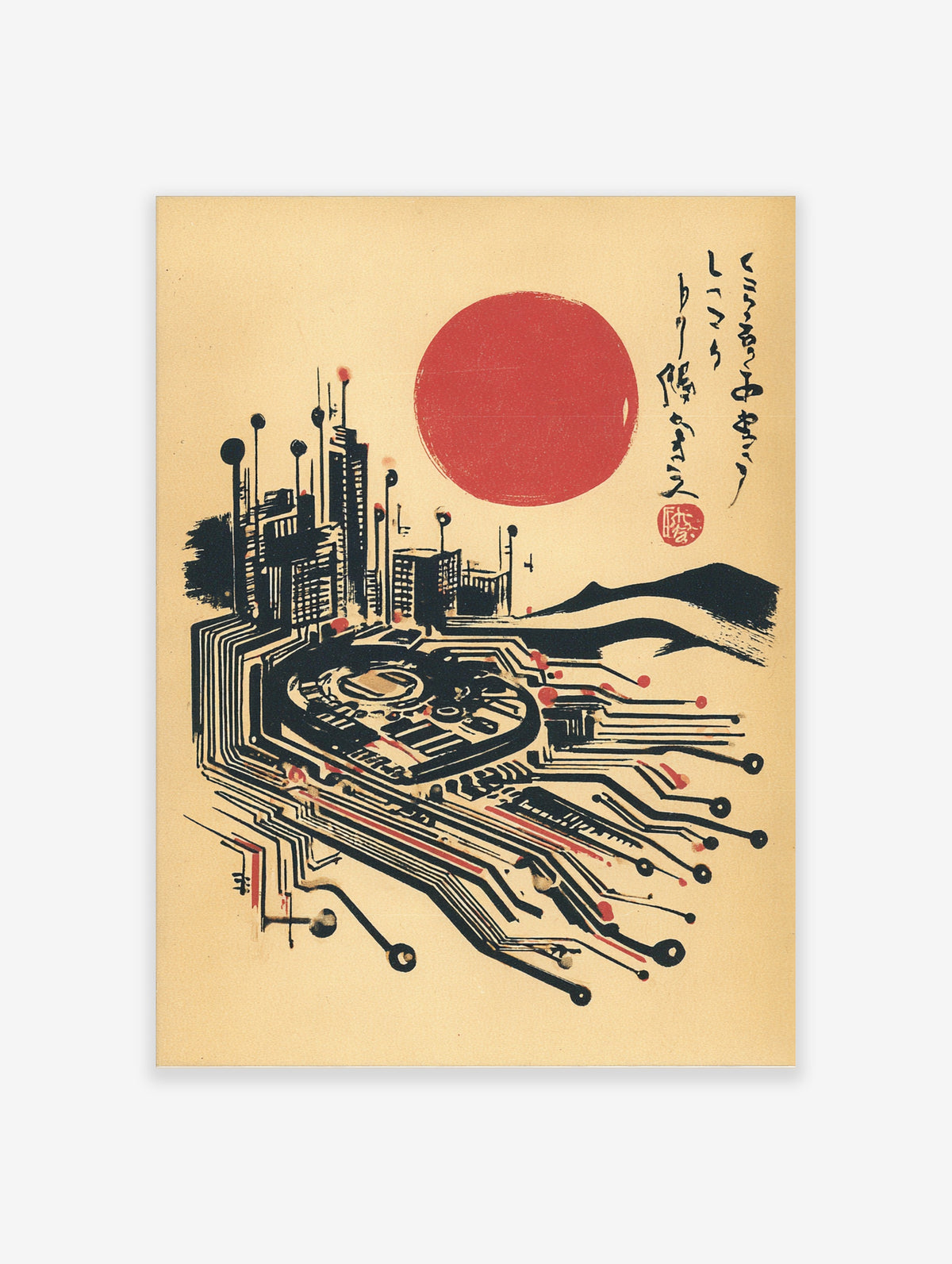 Tokyo skyline with red sun and circuit board patterns, kanji calligraphy, black and red on beige, unframed print
