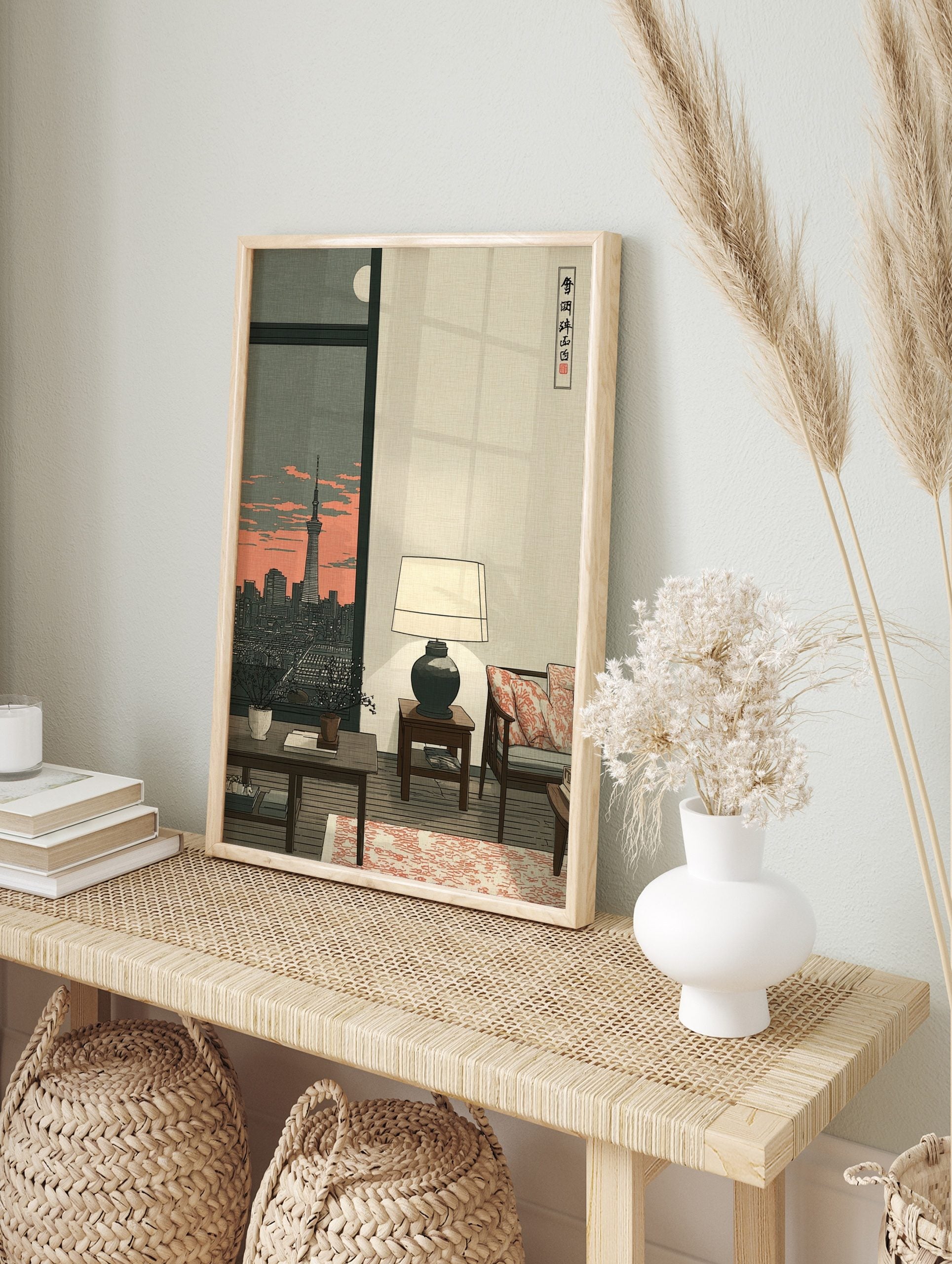 Illustrative art print of Tokyo Skytree and city skyline at dusk from an apartment window, in an alternate framed mockup