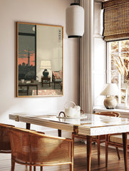 Illustrative art print of Tokyo Skytree and city skyline at dusk from an apartment window with, in a styled room mockup