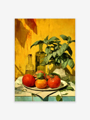 Still life painting of red and orange tomatoes, green basil plant, and olive oil bottles on yellow background