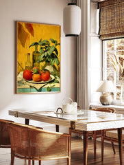 Still life painting of red and orange tomatoes, green basil plant, and olive oil bottles on yellow, in a styled room mockup