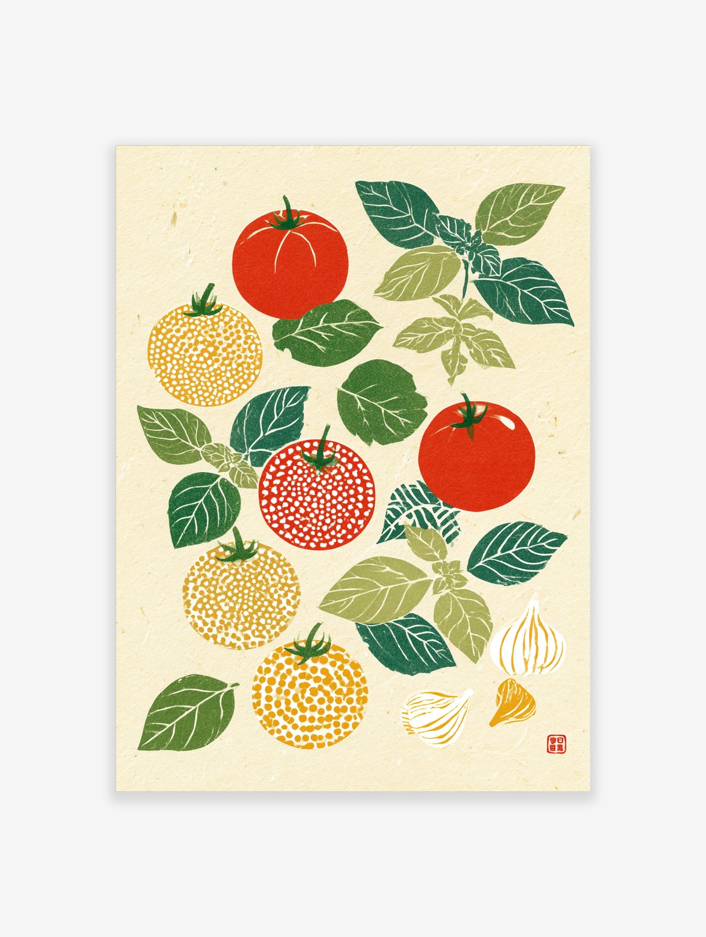 Botanical art print featuring red and yellow tomatoes, basil leaves, and garlic on a cream background