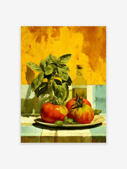 Still life painting of red and green tomatoes, basil in glass, and olive oil bottle on a tiled counter