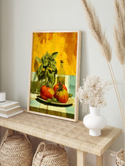 Still life painting of red and green tomatoes, basil in glass, and olive oil bottle on a, in an alternate framed mockup