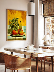 Still life painting of red and green tomatoes, basil in glass, and olive oil bottle on a tiled, in a styled room mockup