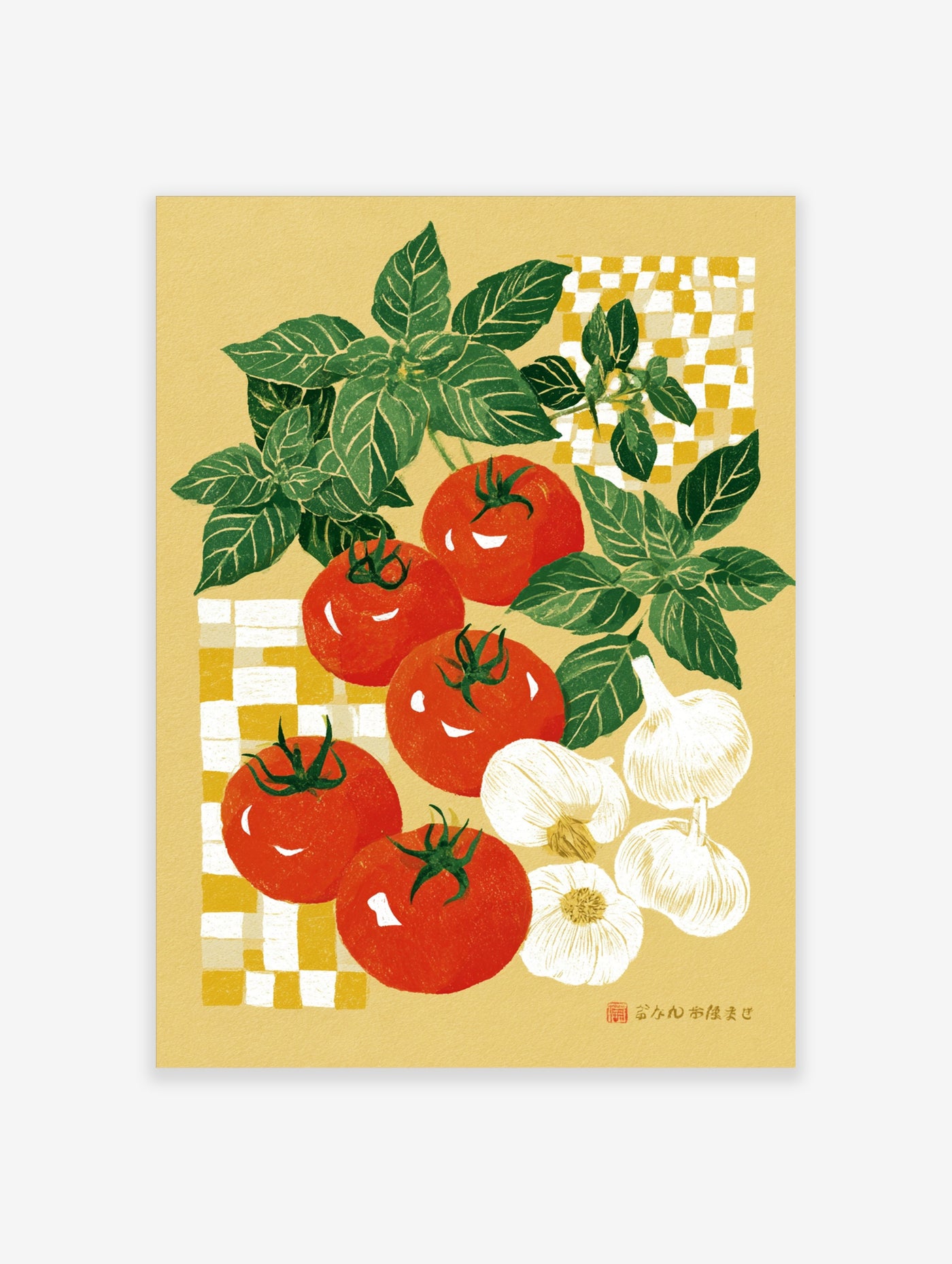 Illustrative kitchen wall art featuring fresh tomatoes, basil leaves, and garlic bulbs on a checkered background