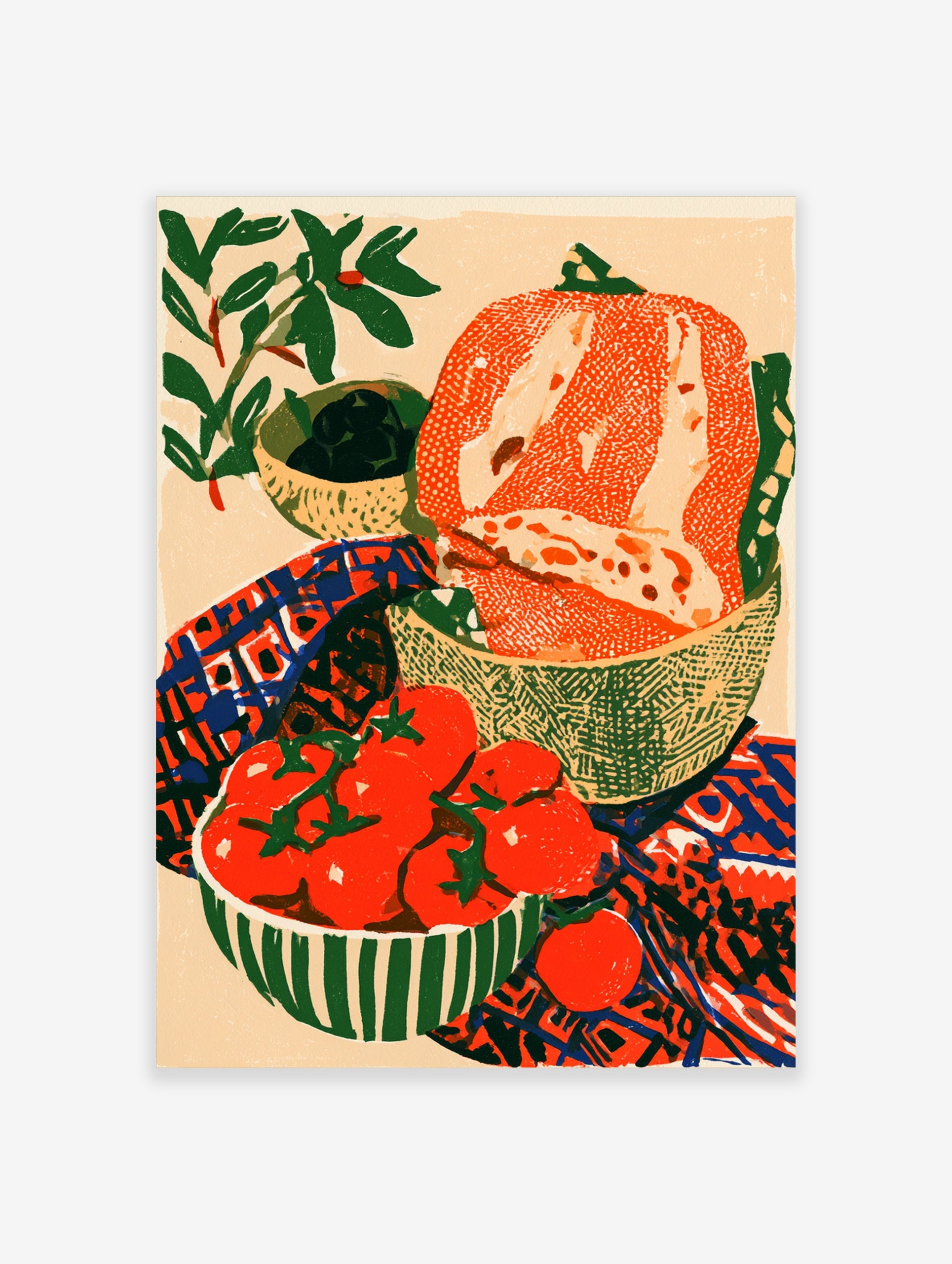 Still life illustration of tomatoes on the vine, bread, and olives in a colourful kitchen scene on a beige background