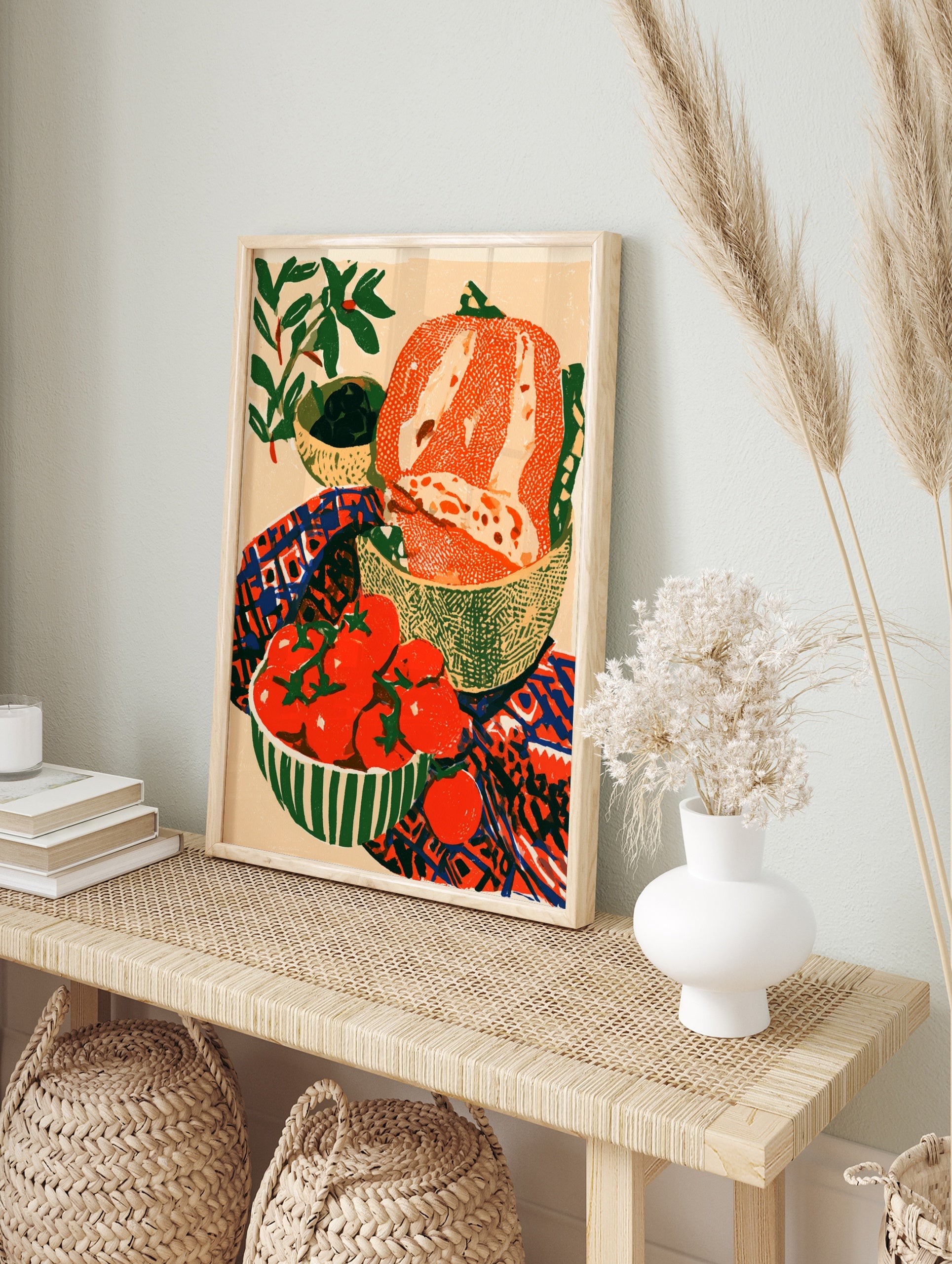 Still life illustration of tomatoes on the vine, bread, and olives in a colourful kitchen, in an alternate framed mockup