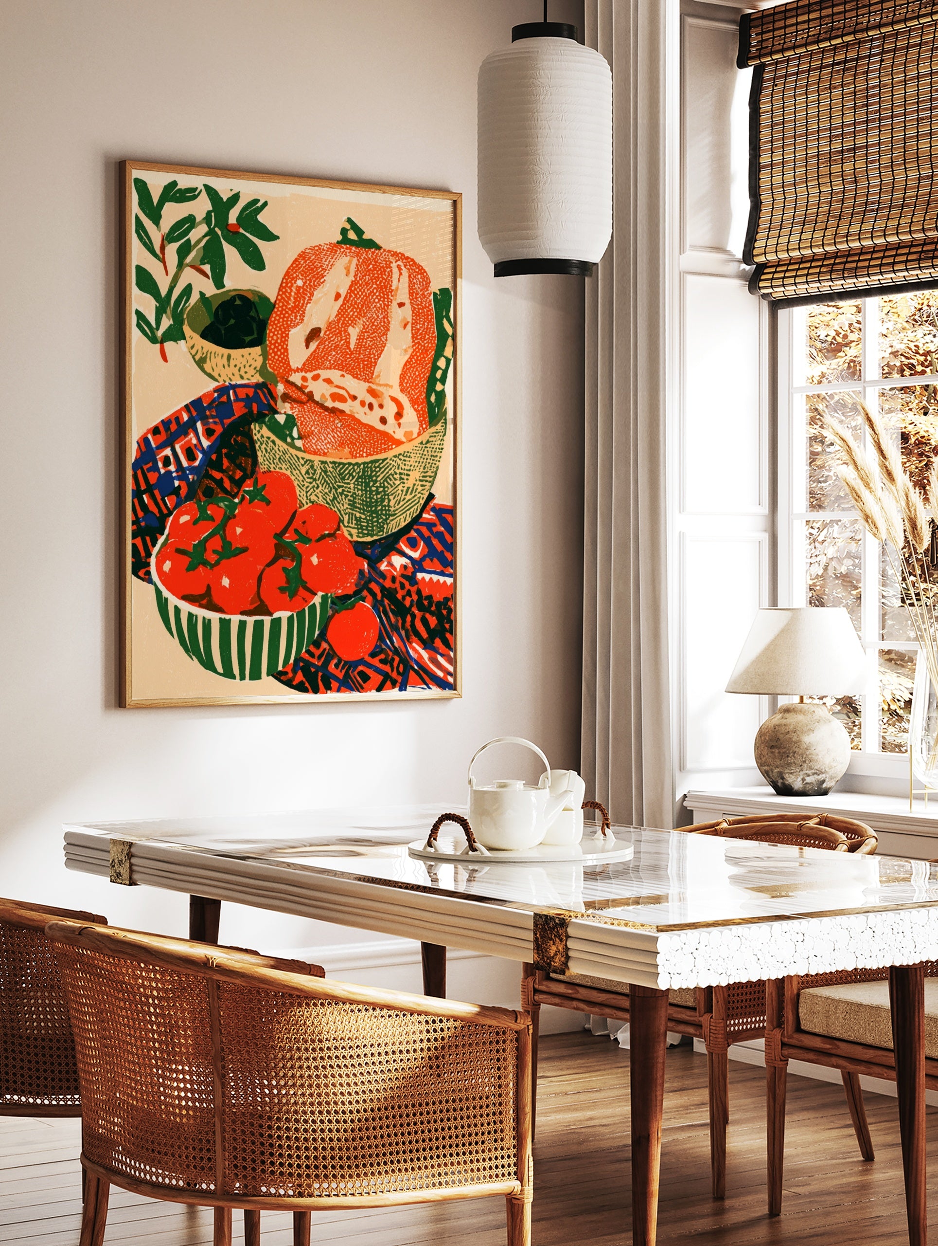 Still life illustration of tomatoes on the vine, bread, and olives in a colourful kitchen scene on, in a styled room mockup