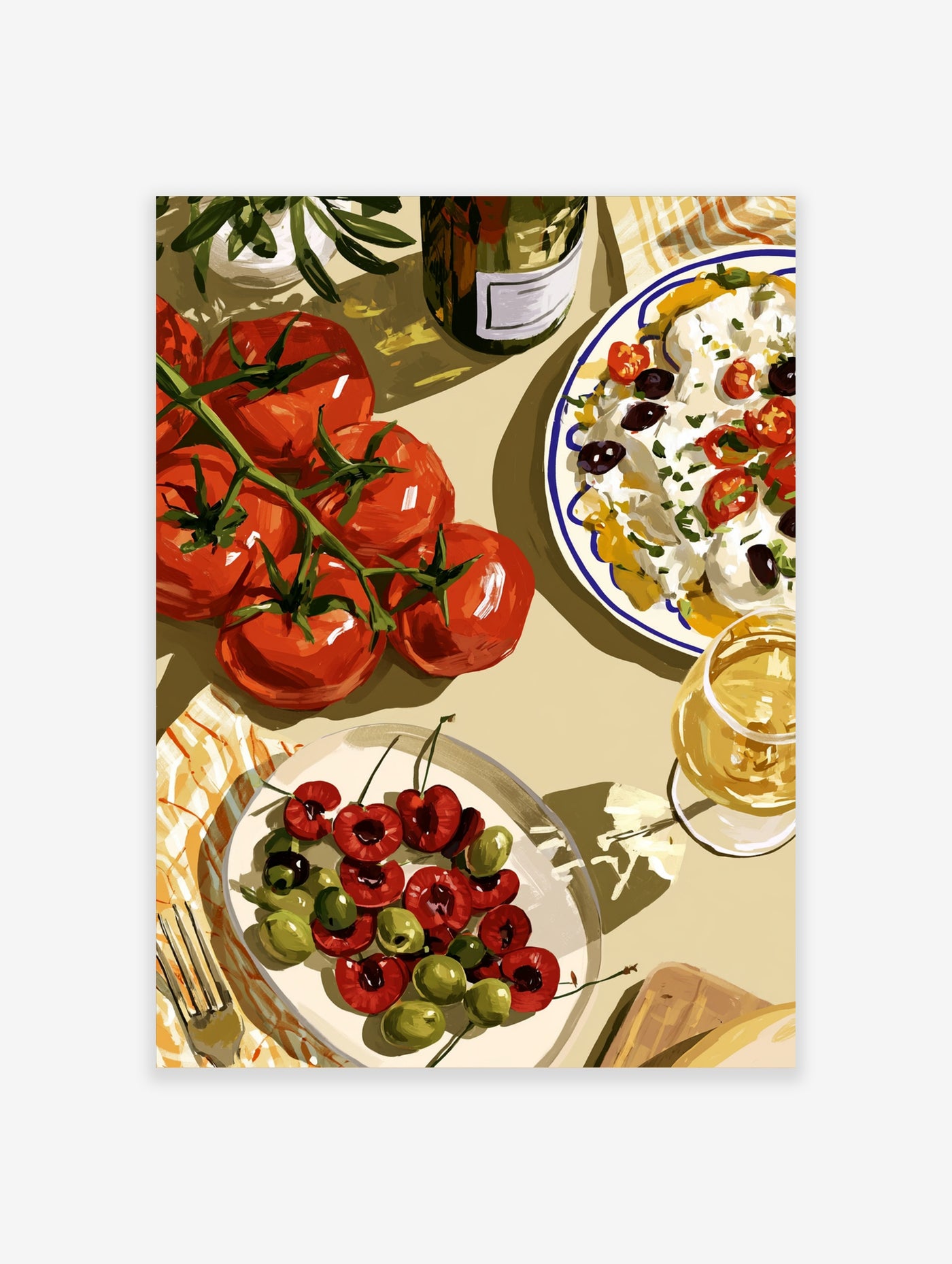 Still life kitchen illustration featuring tomatoes on the vine, Caprese salad, cherries, and white wine art print