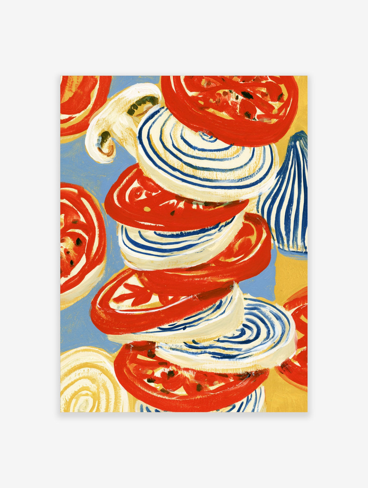 Tomato and mozzarella poster with stacked red slices, blue-striped cheese and yellow background
