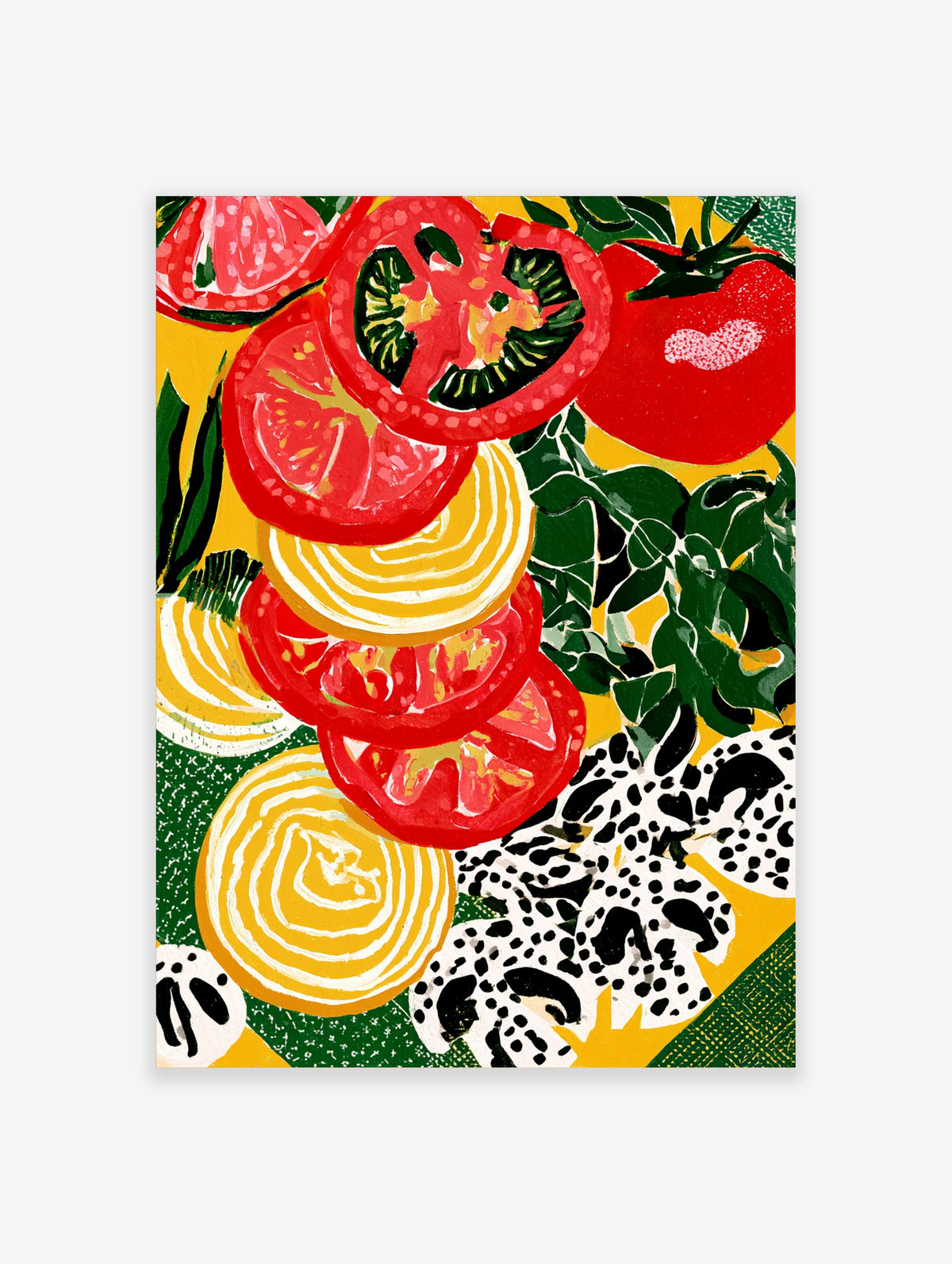 Colourful tomato and onion food illustration with red slices, yellow rings, and green leaves on yellow