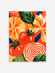 Illustrative food art print featuring tomatoes, basil, and pasta shapes on a vibrant orange background