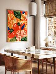 Illustrative food art print featuring tomatoes, basil, and pasta shapes on a vibrant orange, in a styled room mockup