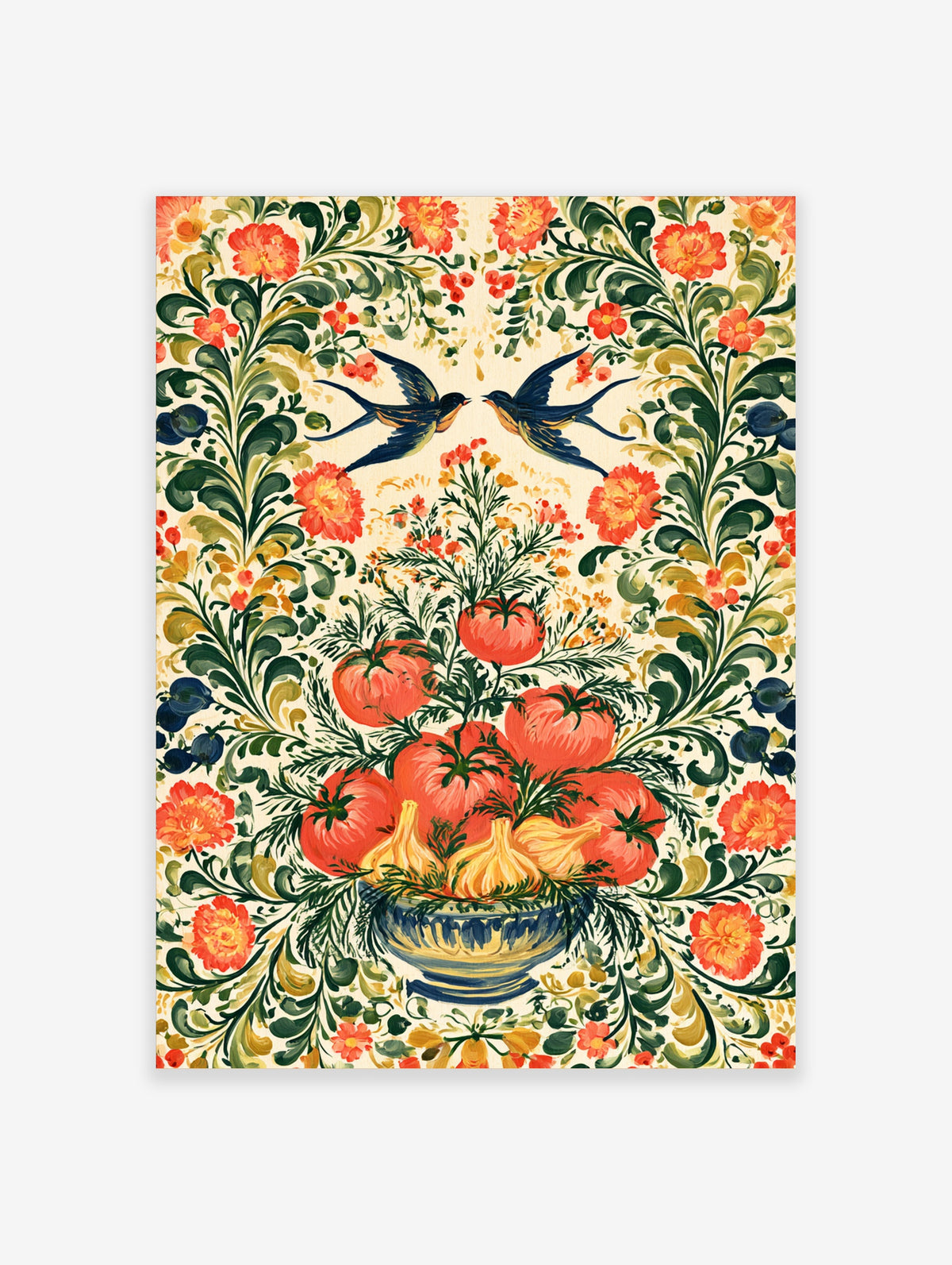 Tomato and swallow botanical art print with blue bowl, garlic, red carnations, and green foliage on cream