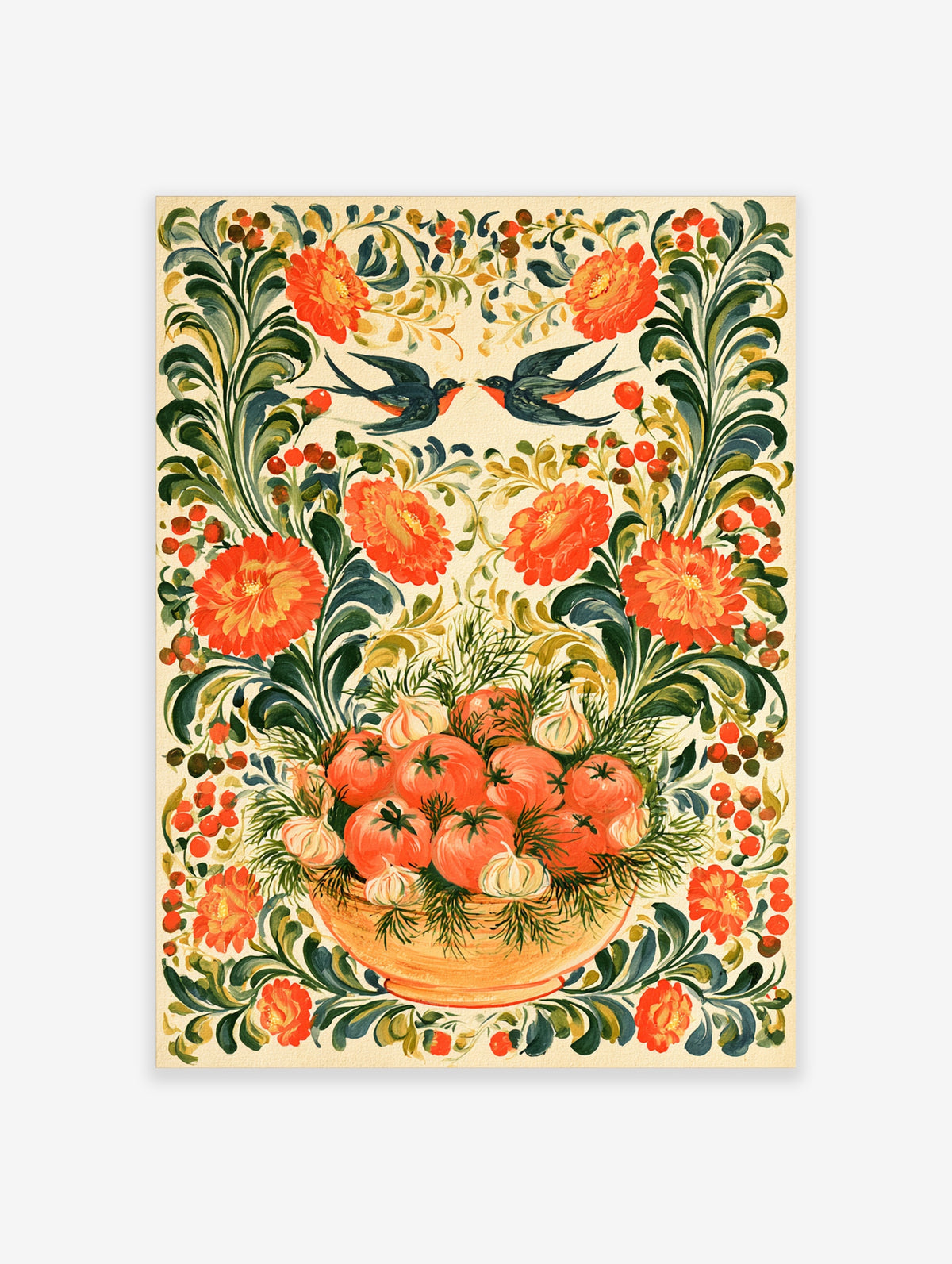 Folk art print of tomatoes, garlic and dill in a bowl with two swallows and red flowers on cream